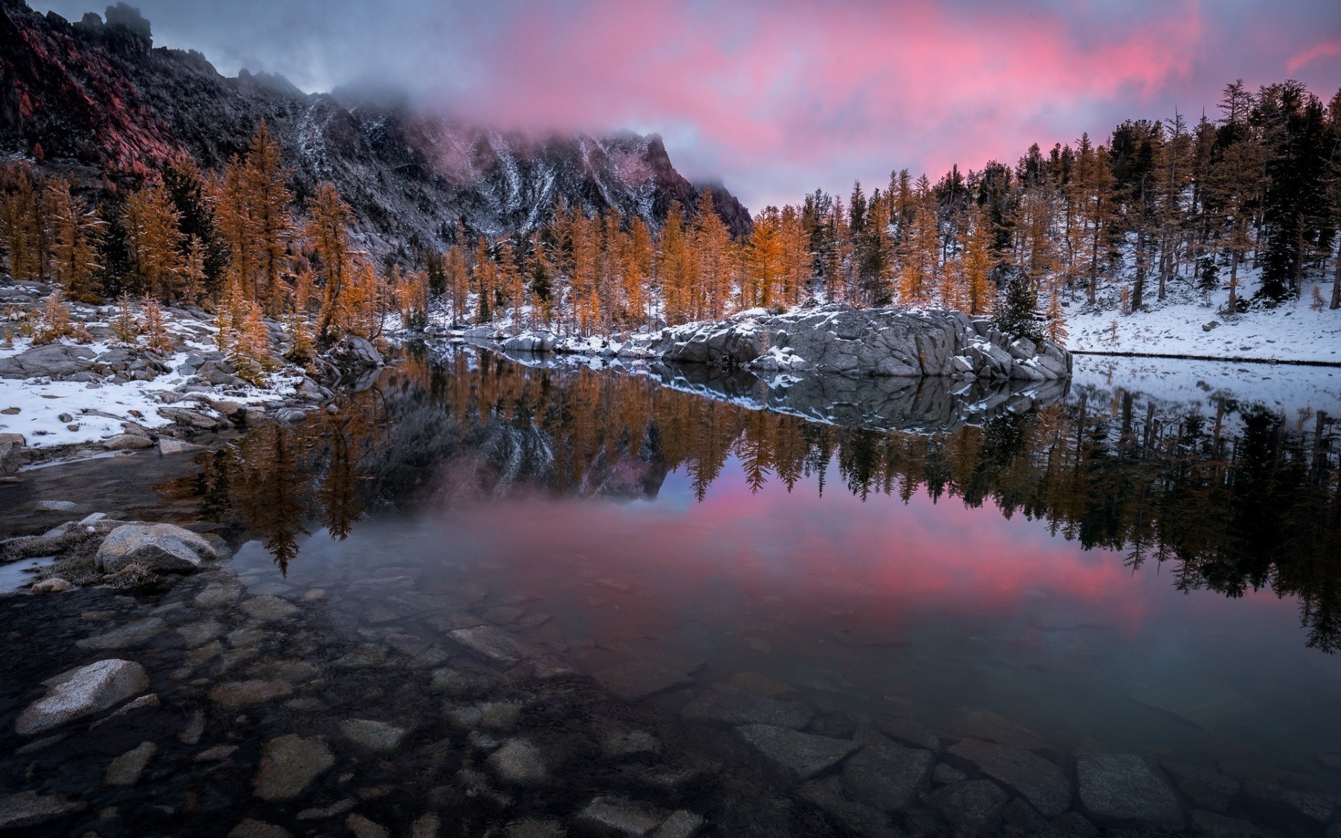 Обои небо, озеро, скалы, природа, лес, зима, пейзаж, осень, the sky, lake, rocks, nature, forest, winter, landscape, autumn разрешение 1920x1200 Загрузить