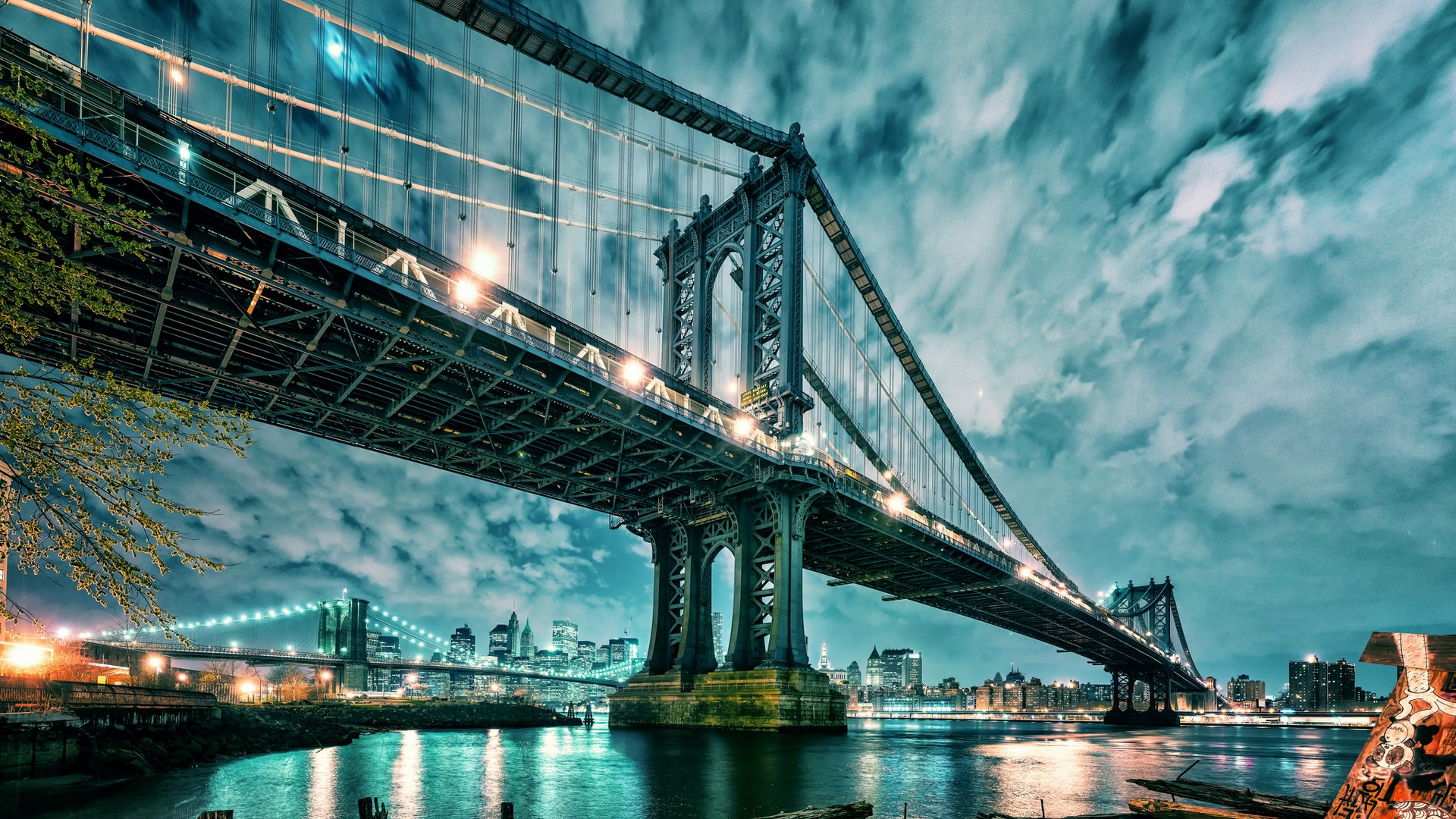 Обои облака, бруклинский мост, огни, вода, мост, небоскребы, сша, нью-йорк, манхэттен, clouds, brooklyn bridge, lights, water, bridge, skyscrapers, usa, new york, manhattan разрешение 1920x1080 Загрузить