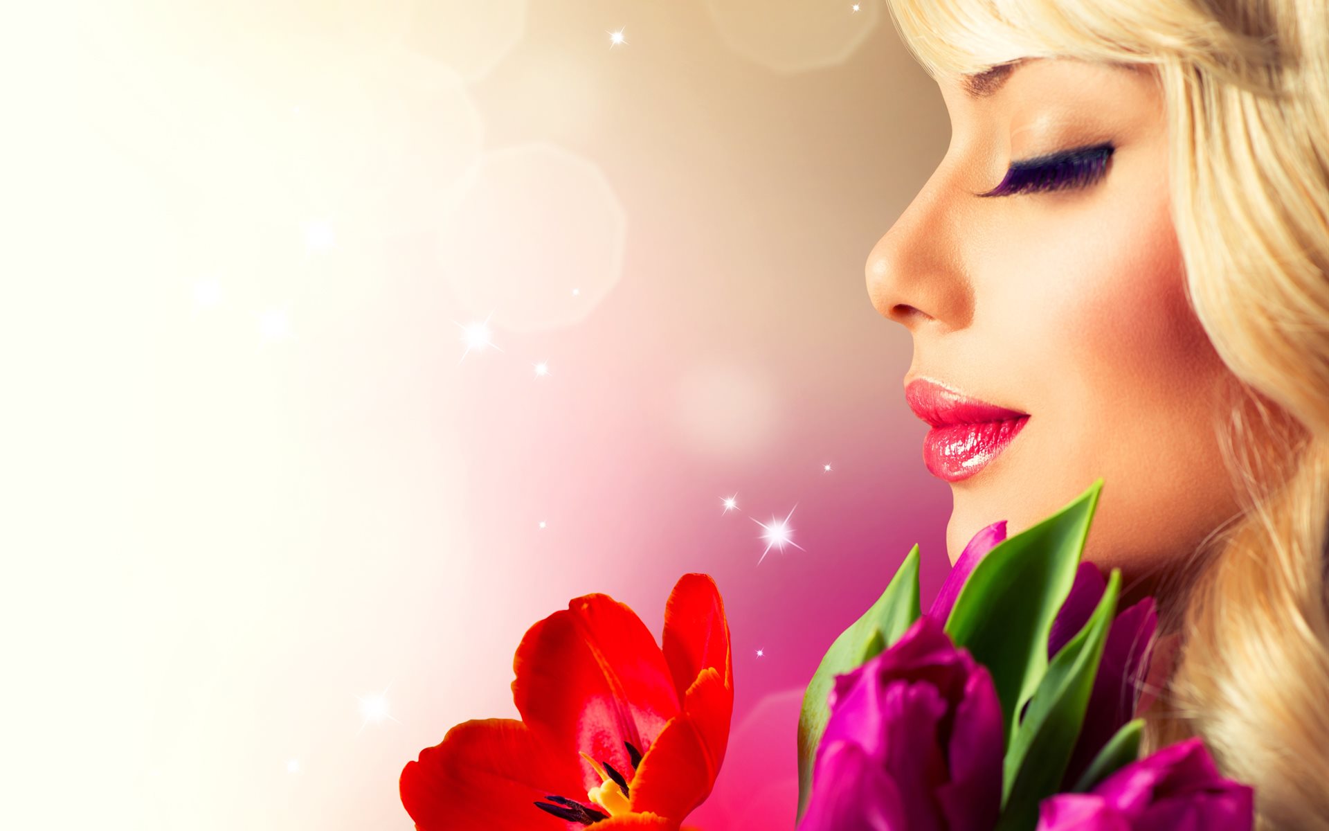 Обои цветы, девушка, профиль, весна, тюльпаны, ресницы, flowers, girl, profile, spring, tulips, eyelashes разрешение 1920x1200 Загрузить