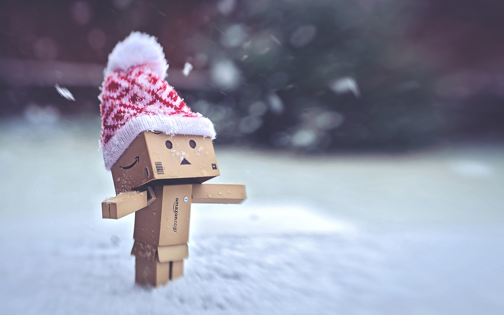 Обои снег, зима, шапка, человечек, коробка, данбо, snow, winter, hat, man, box, danbo разрешение 1920x1200 Загрузить