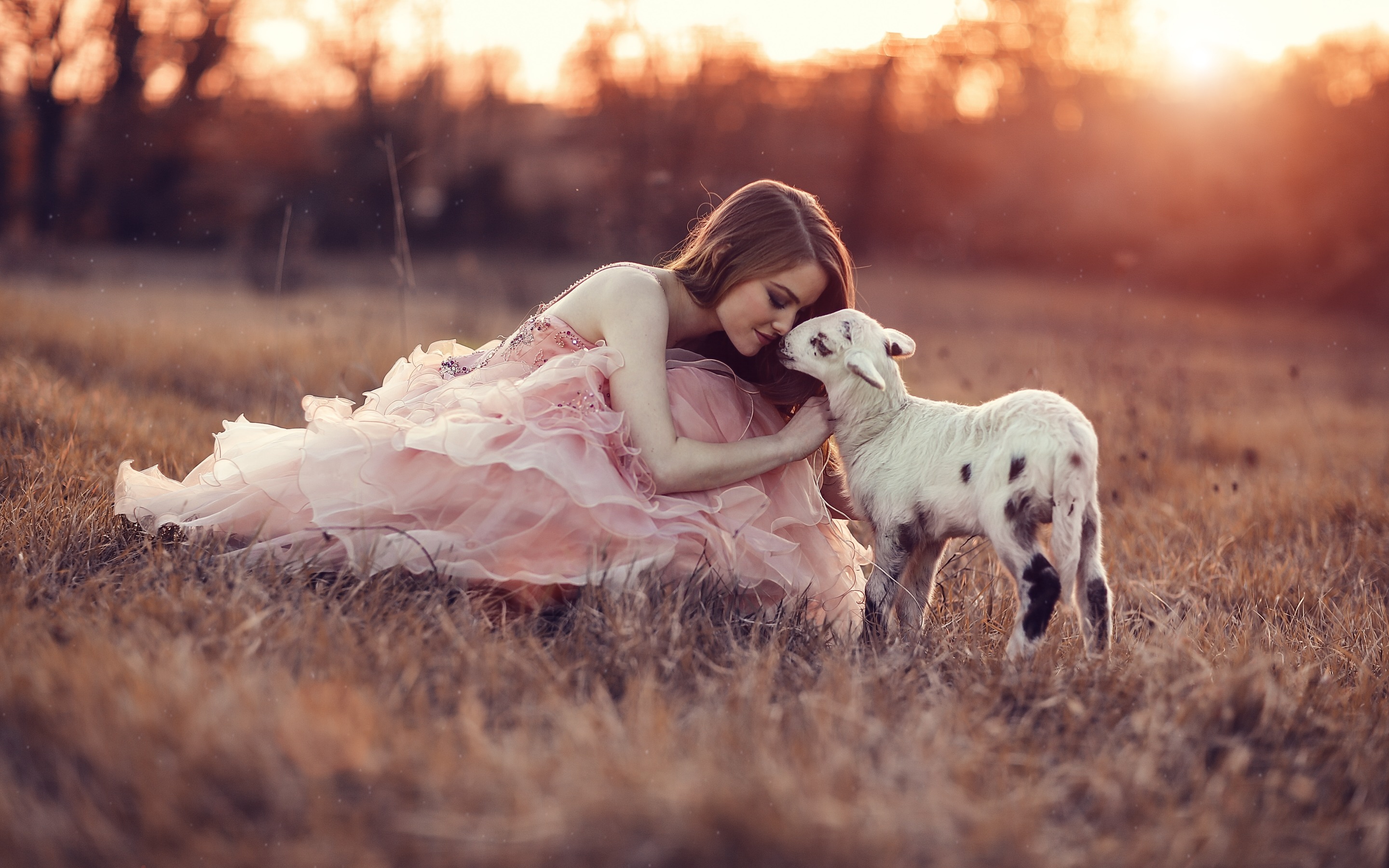 Обои трава, закат, девушка, настроение, козленок, розовое платье, grass, sunset, girl, mood, goat, pink dress разрешение 2880x1800 Загрузить