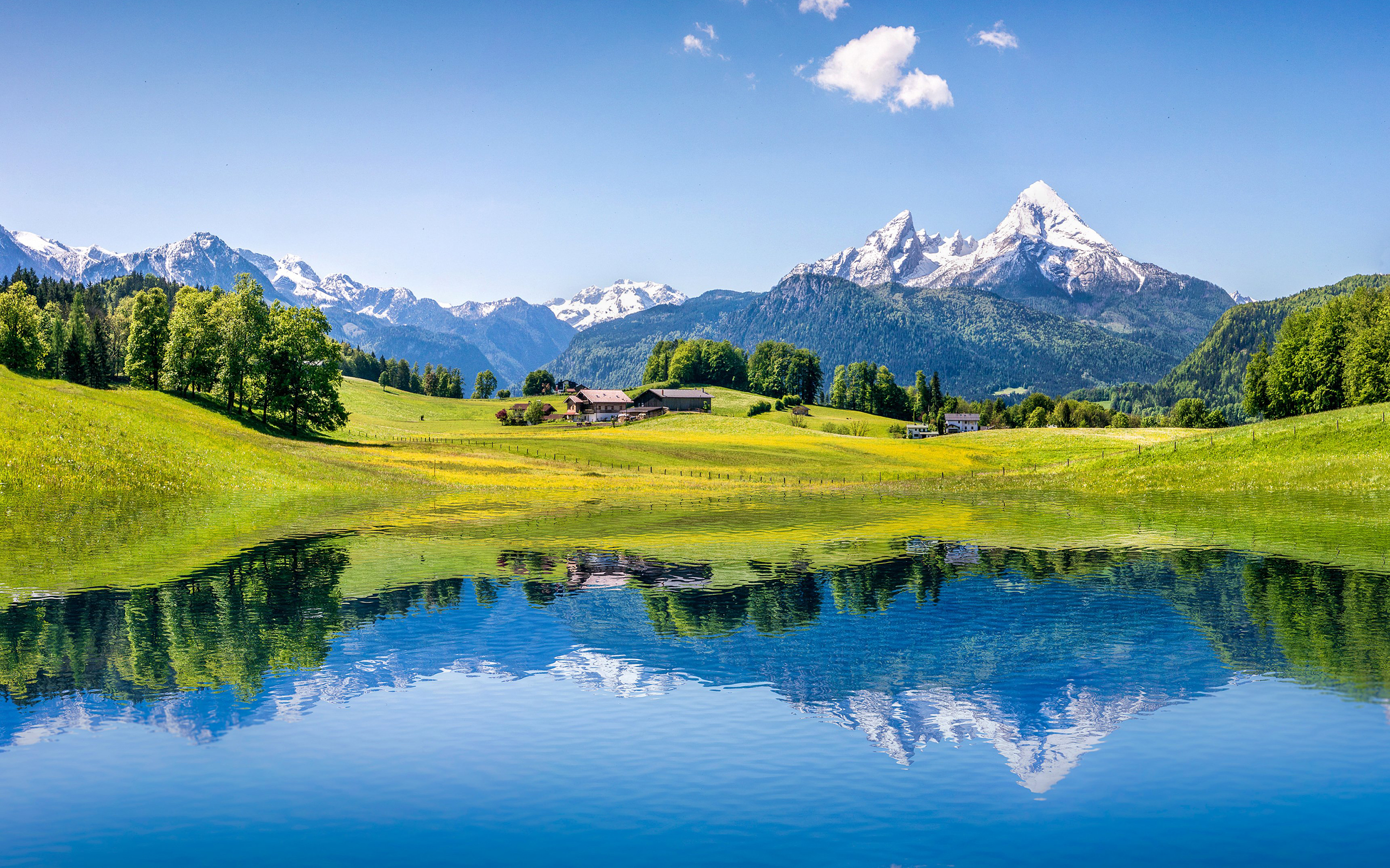 Обои небо, облака, деревья, озеро, горы, отражение, альпы, the sky, clouds, trees, lake, mountains, reflection, alps разрешение 2880x1800 Загрузить