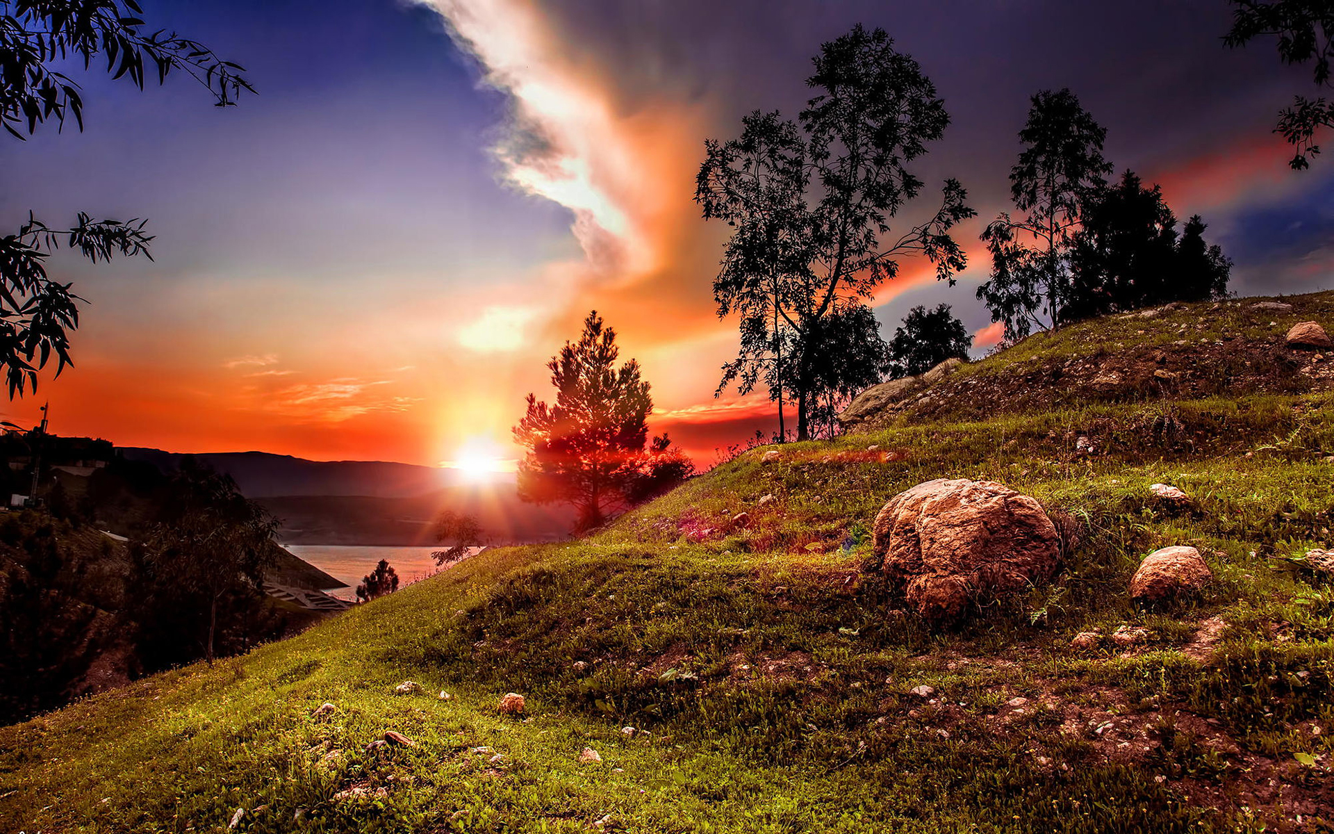 Обои небо, облака, деревья, камни, закат, пейзаж, the sky, clouds, trees, stones, sunset, landscape разрешение 1920x1200 Загрузить