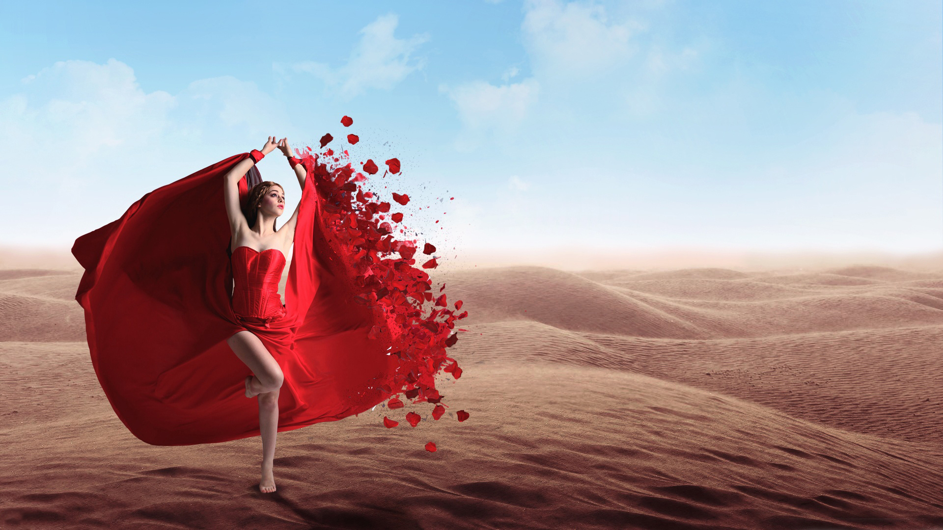 Обои девушка, платье, песок, пустыня, модель, танец, контраст, girl, dress, sand, desert, model, dance, contrast разрешение 1920x1080 Загрузить