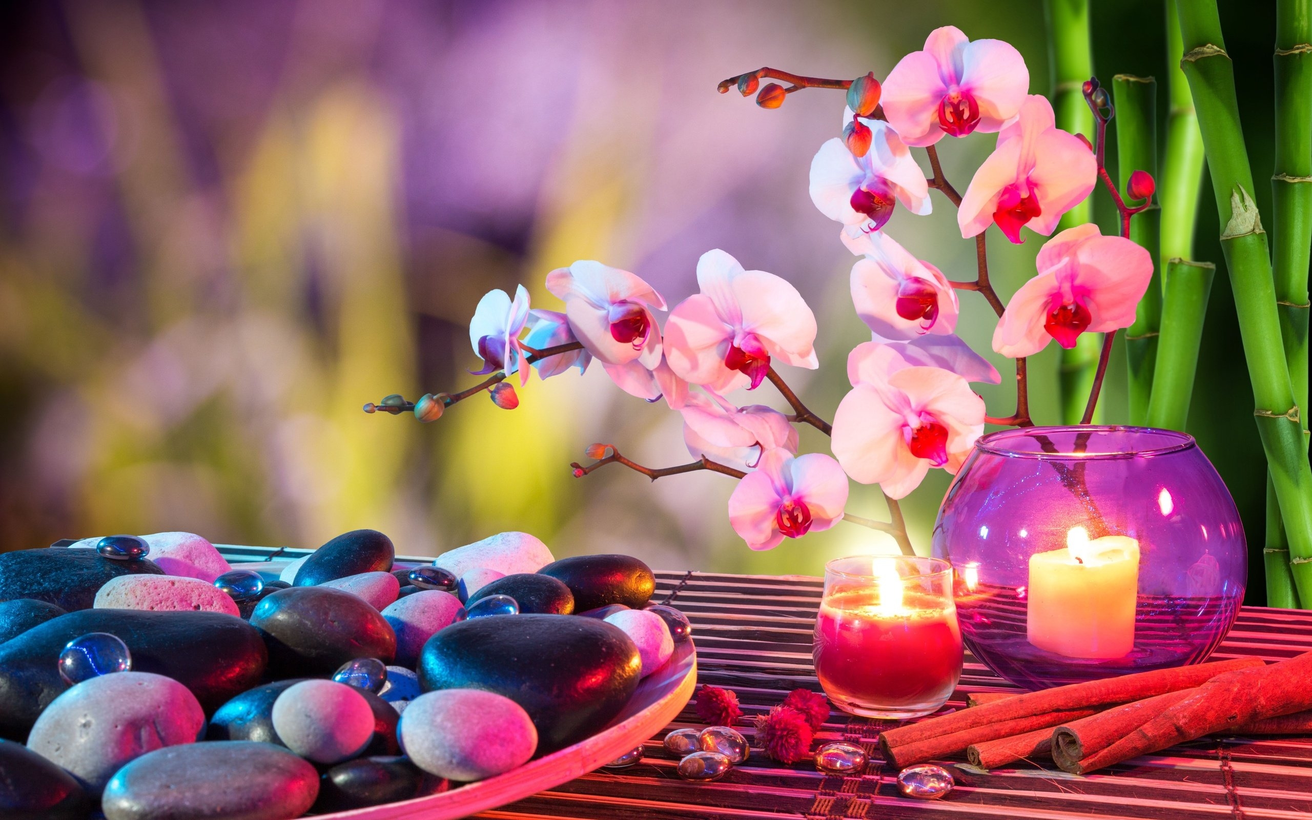 Обои цветы, свечи, камни, корица, бамбук, спа, орхидеи, flowers, candles, stones, cinnamon, bamboo, spa, orchids разрешение 2560x1600 Загрузить