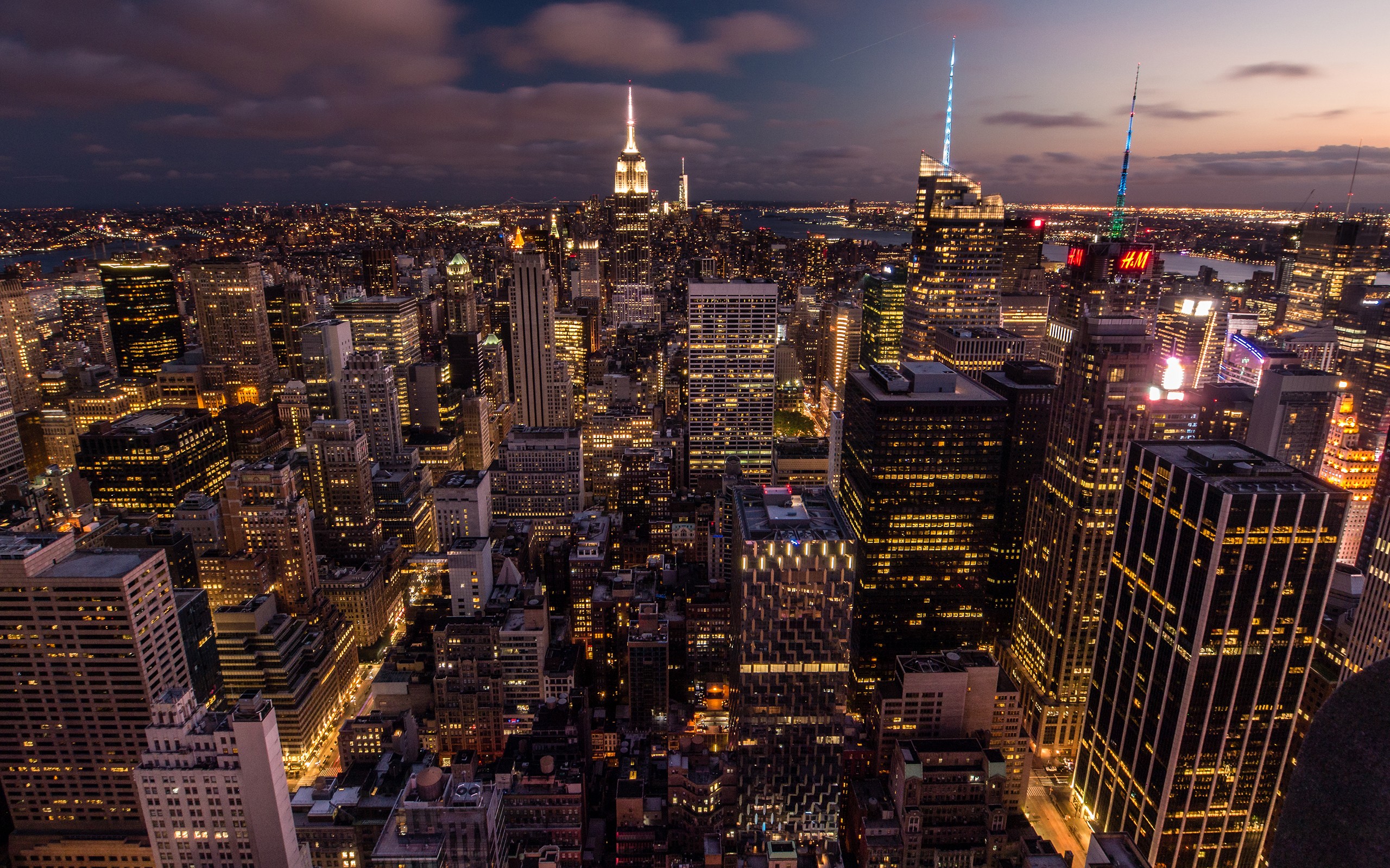 Обои огни, закат, город, сша, нью-йорк, lights, sunset, the city, usa, new york разрешение 2560x1600 Загрузить