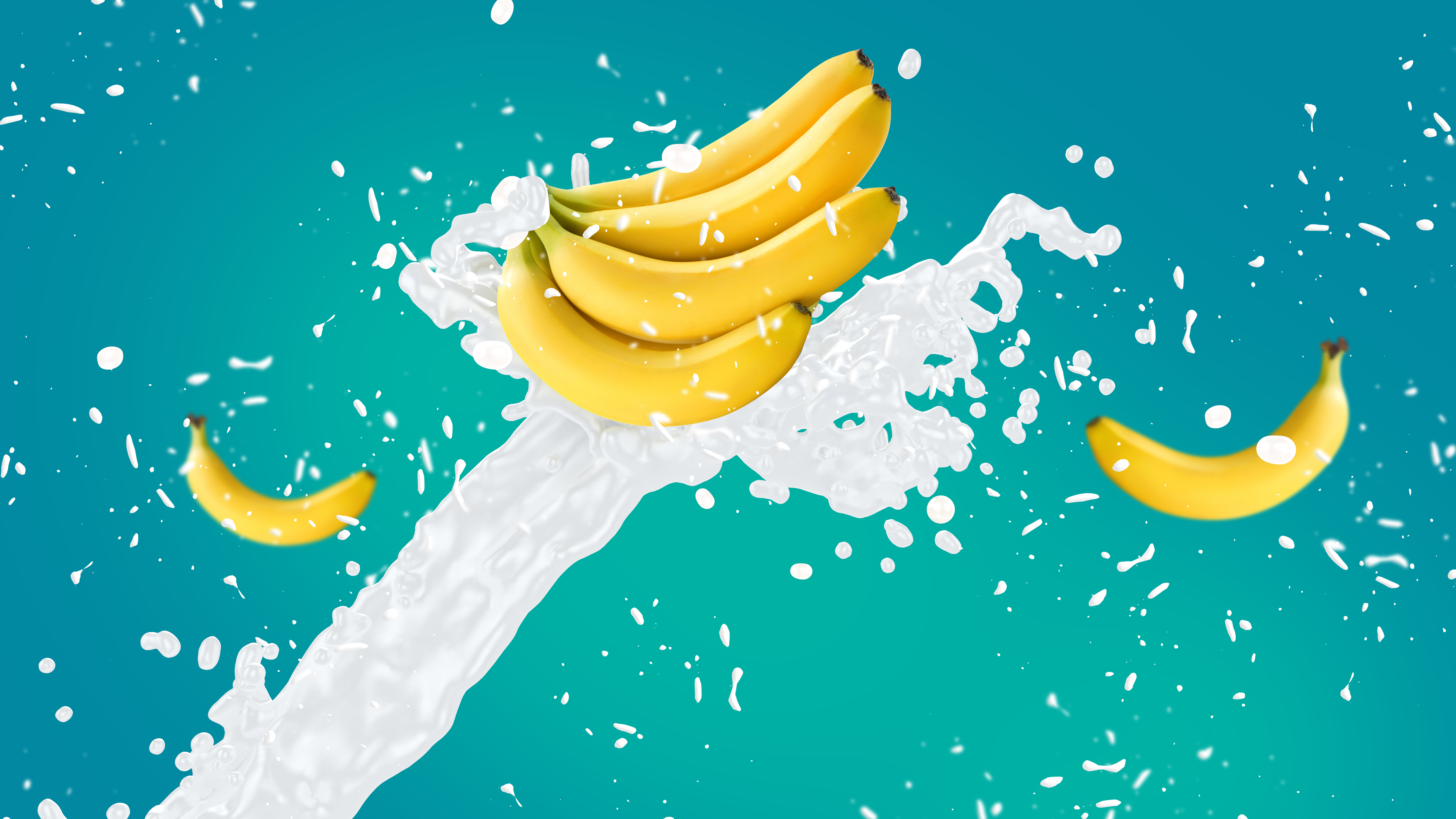 Обои обои, брызги, всплеск, молоко, бананы, wallpaper, squirt, splash, milk, bananas разрешение 6000x3375 Загрузить