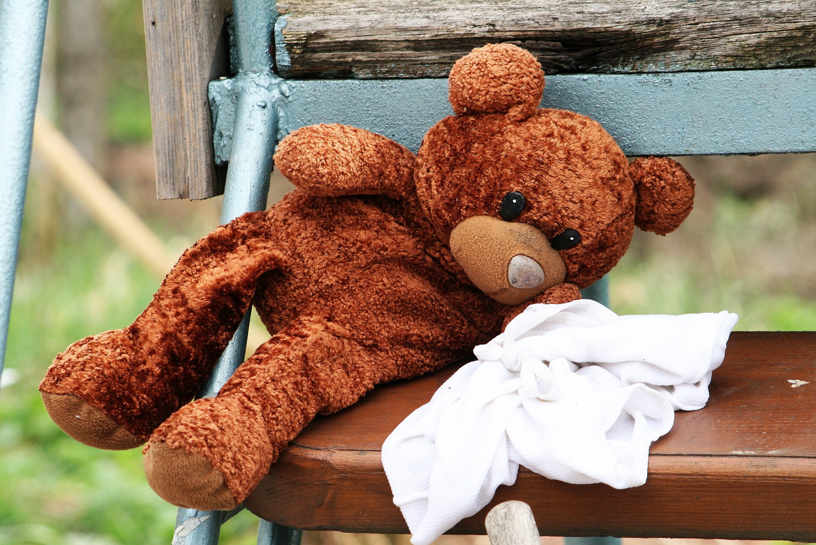 Обои медведь, игрушка, скамейка, плюшевый мишка, bear, toy, bench, teddy bear разрешение 2816x1880 Загрузить