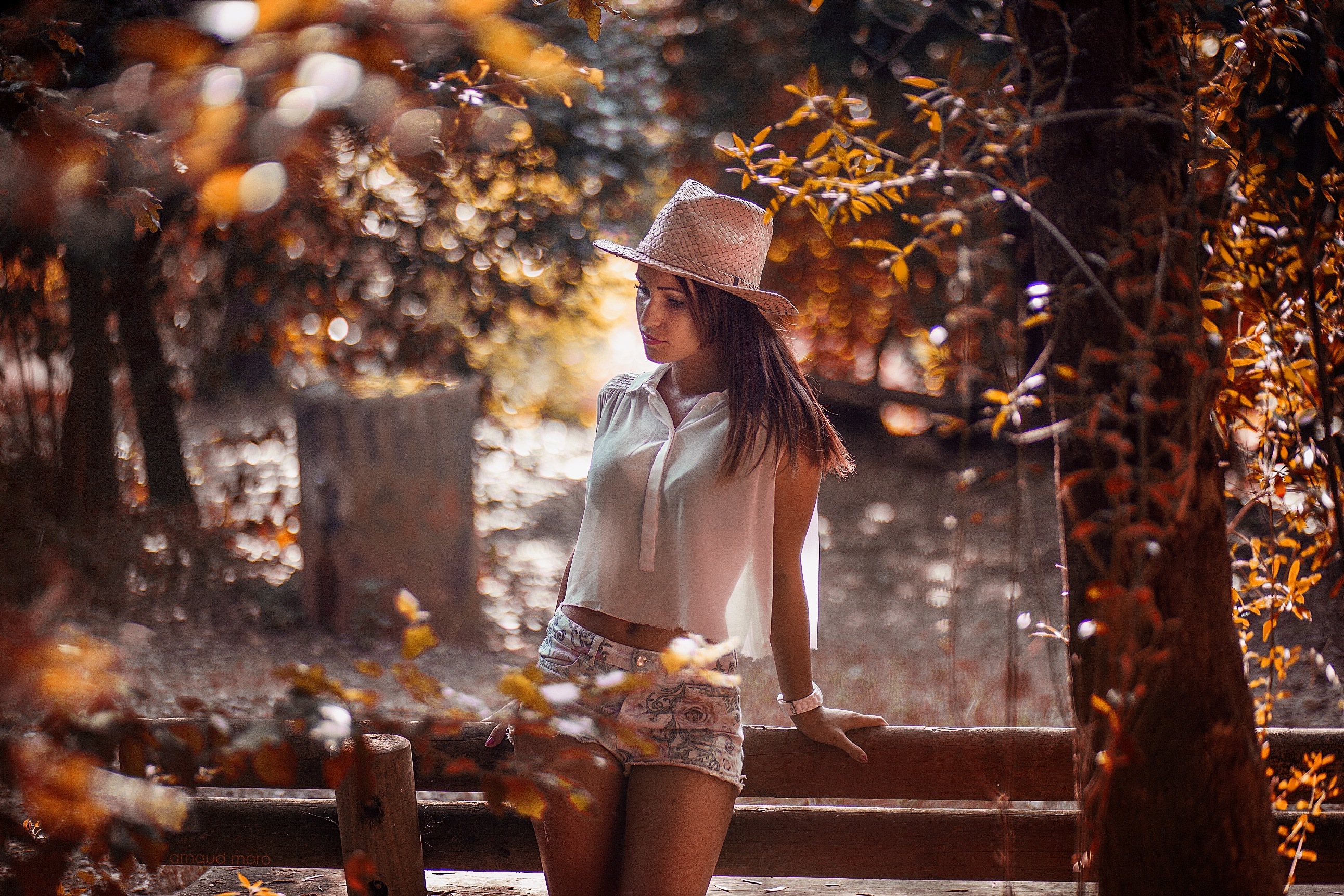 Обои деревья, девушка, осень, забор, блики, шляпа, шорты, trees, girl, autumn, the fence, glare, hat, shorts разрешение 2583x1722 Загрузить