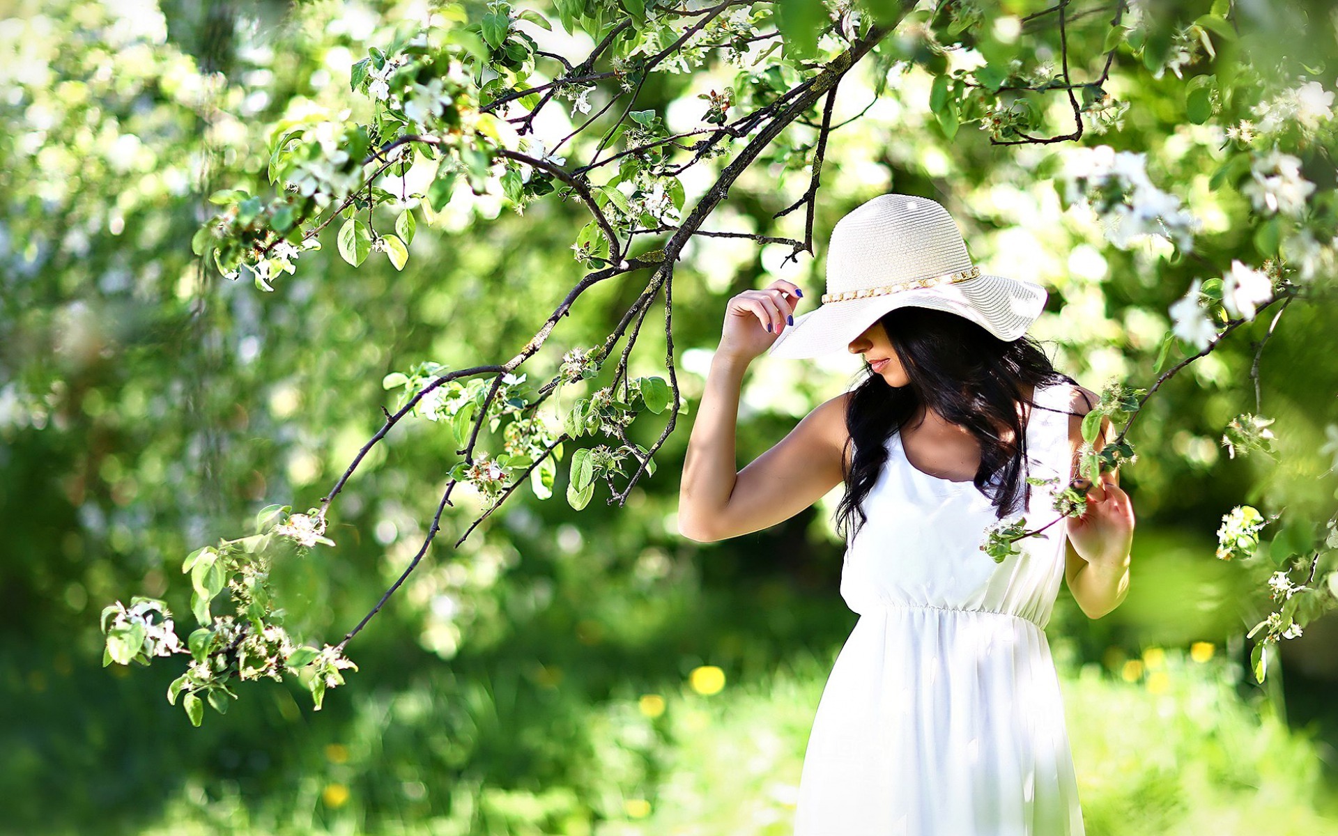 Обои девушка, сад, шляпа, белое платье, girl, garden, hat, white dress разрешение 1920x1200 Загрузить