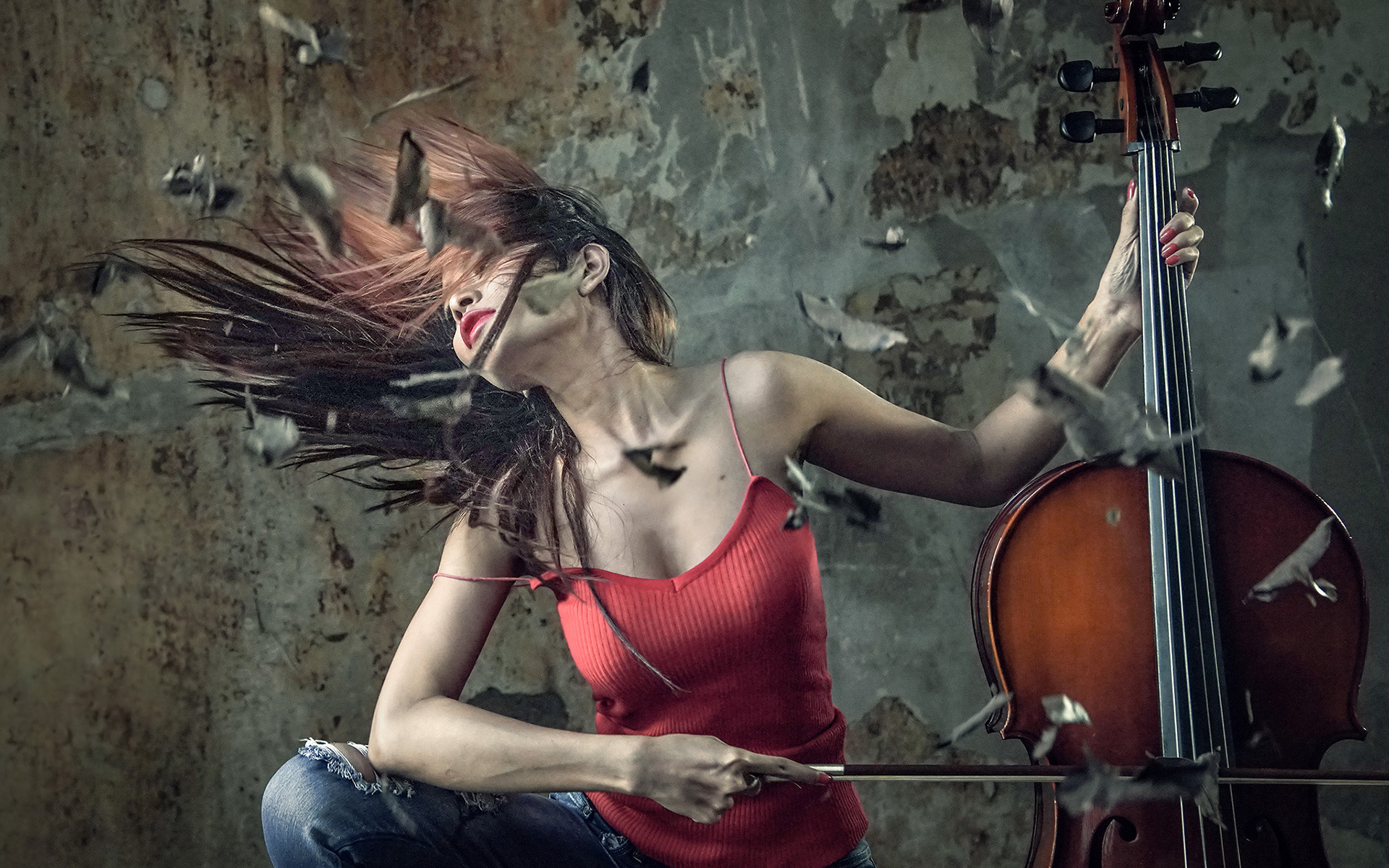 Обои девушка, креатив, волосы, ветер, контрабас, girl, creative, hair, the wind, contrabass разрешение 1920x1200 Загрузить