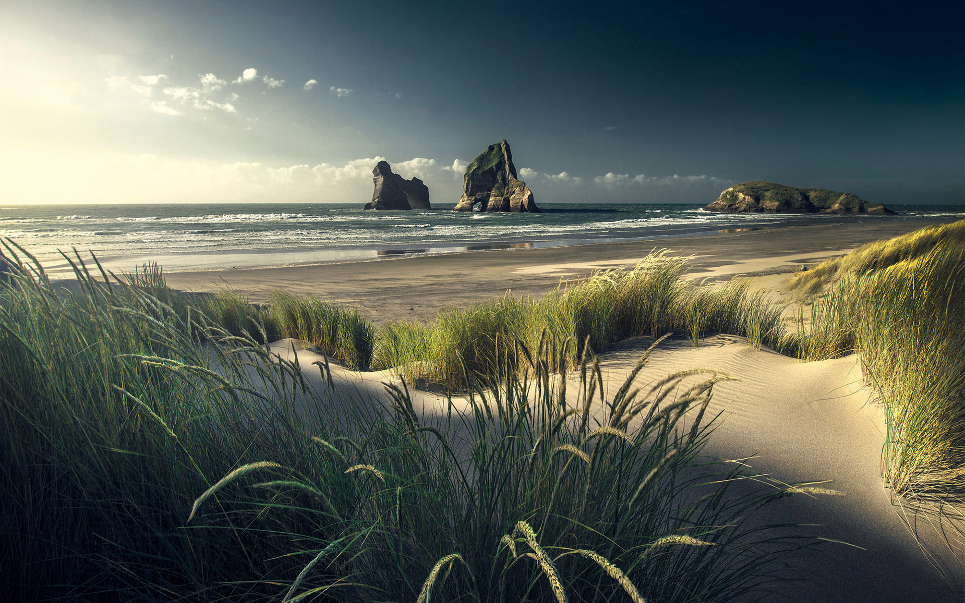 Обои небо, трава, скалы, пейзаж, море, песок, пляж, колоски, the sky, grass, rocks, landscape, sea, sand, beach, spikelets разрешение 1920x1200 Загрузить