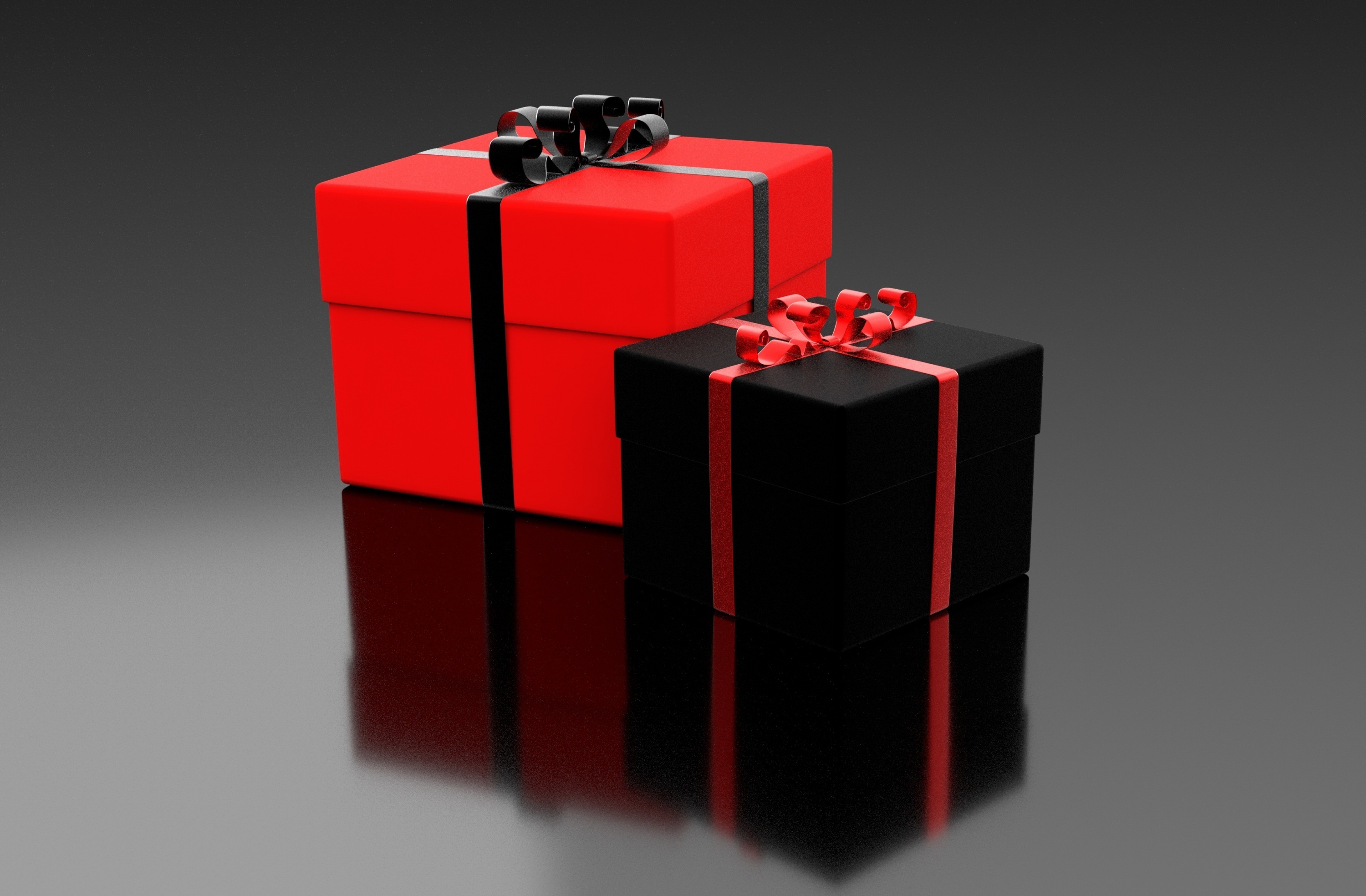 Обои подарки, черный, красный, ленты, коробки, gifts, black, red, tape, box разрешение 3000x1968 Загрузить