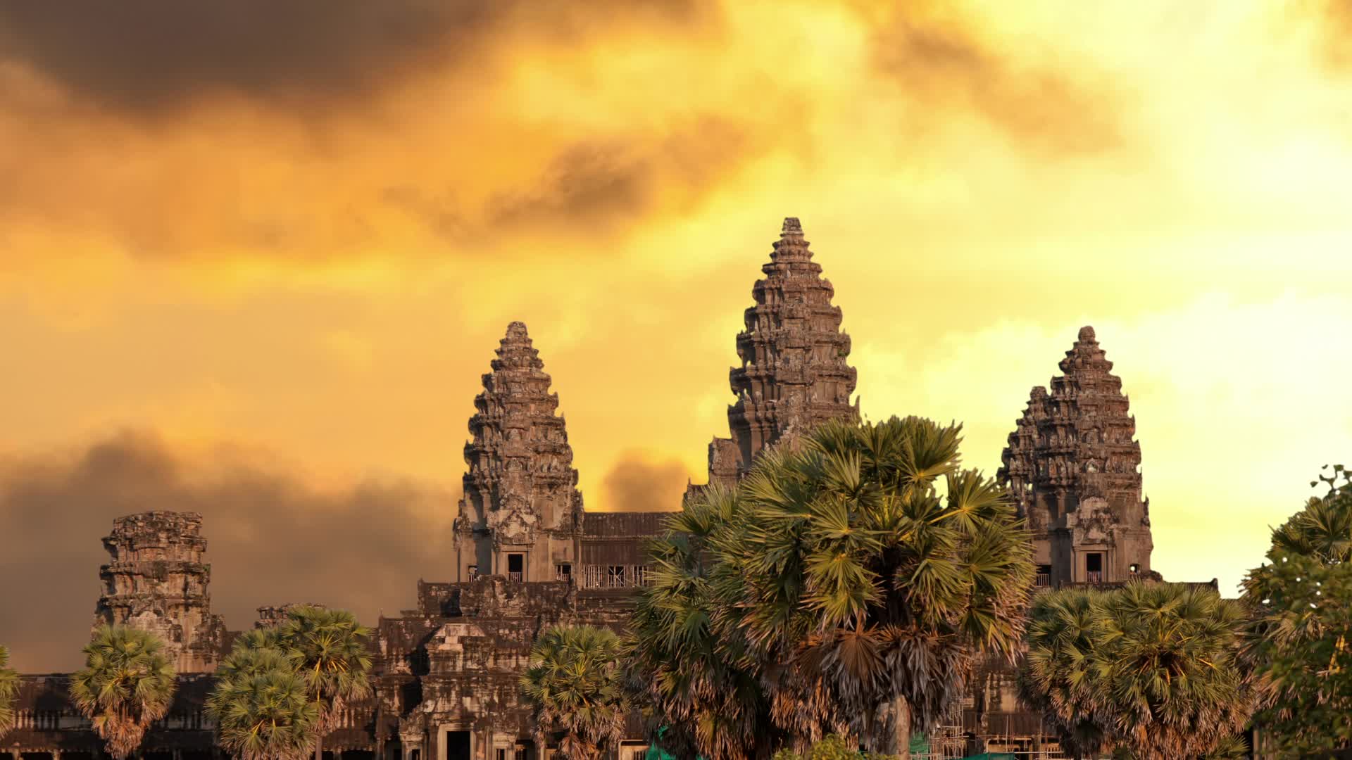 Обои храм, закат, азия, башни, камбоджа, ангкор ват, temple, sunset, asia, tower, cambodia, angkor wat разрешение 1920x1080 Загрузить