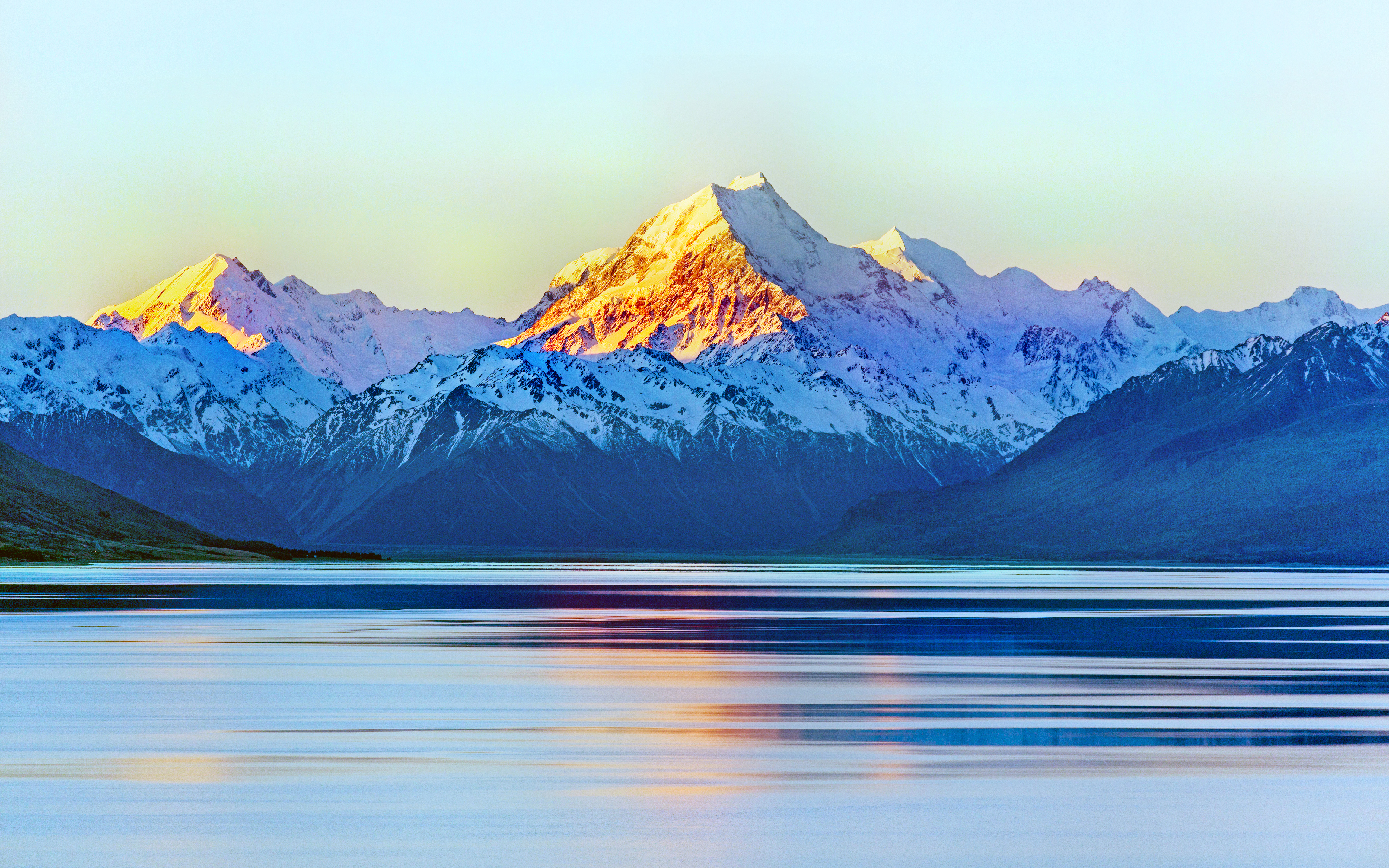 Обои небо, свет, озеро, горы, восход, снег, новая зеландия, new zeland, aoraki mount cook, the sky, light, lake, mountains, sunrise, snow, new zealand разрешение 5120x3200 Загрузить