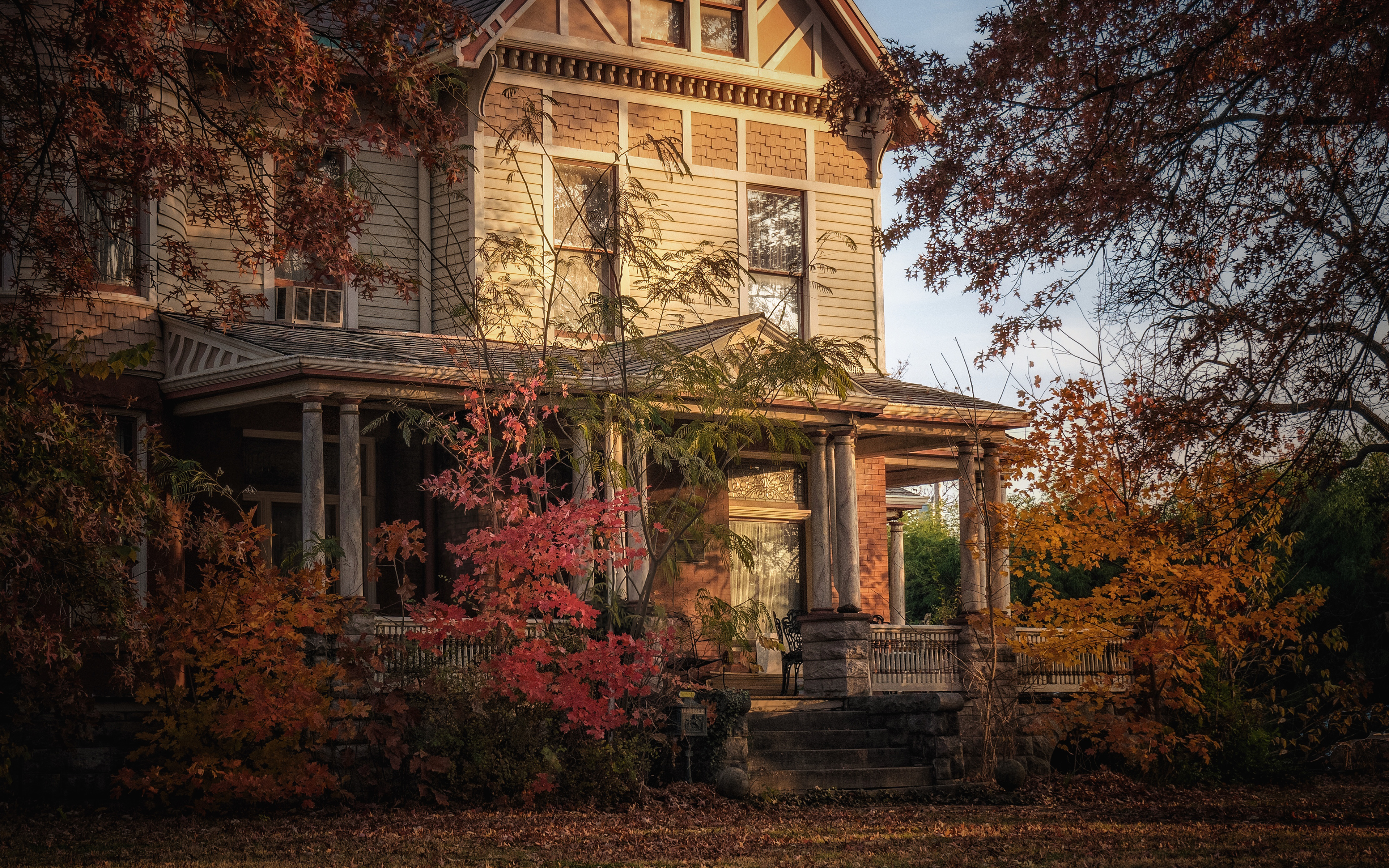 Обои деревья, осень, сад, дом, старый дом, фасад, blair turrell, trees, autumn, garden, house, old house, facade разрешение 3840x2400 Загрузить