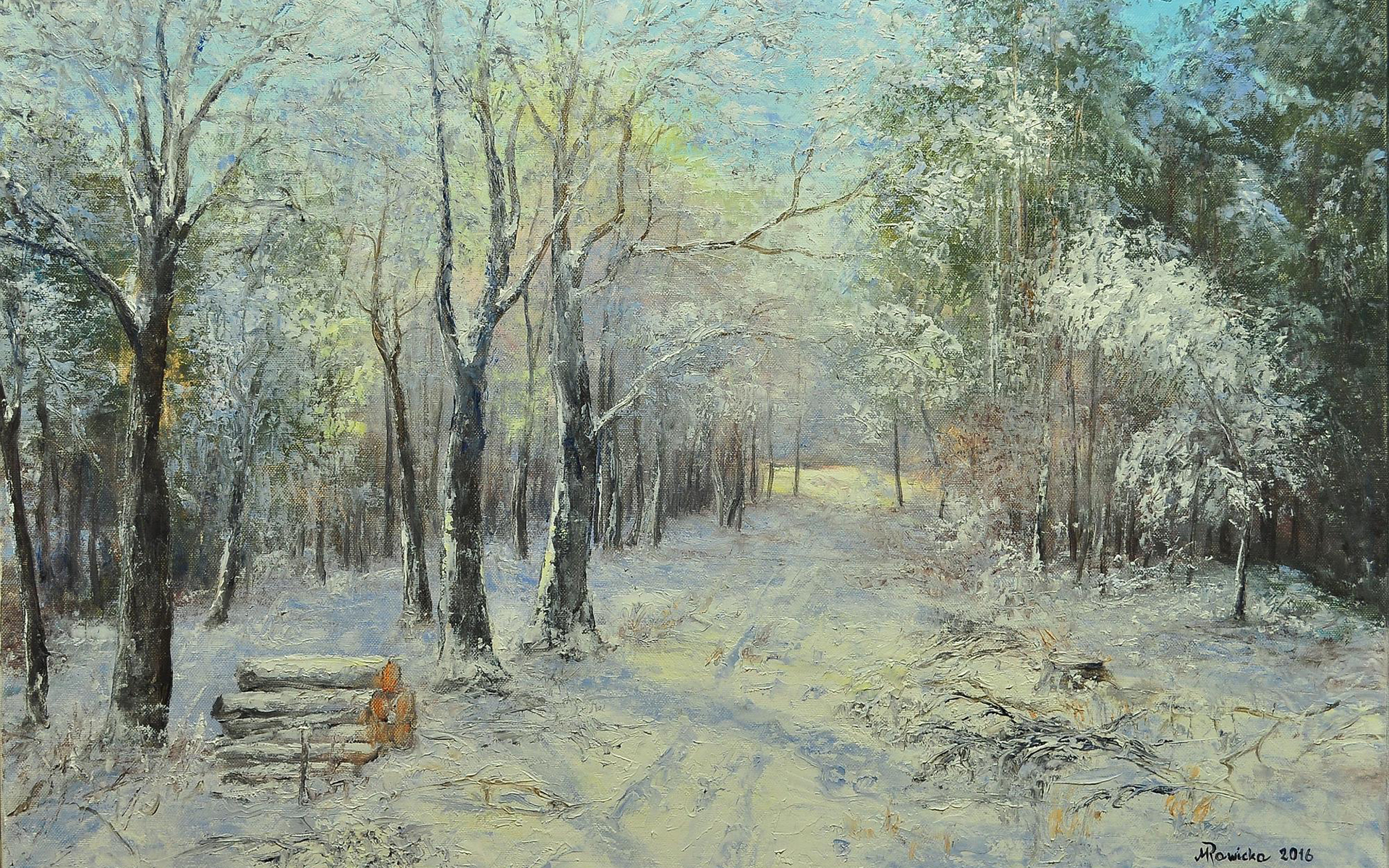 Обои картина, пейзаж, живопись, зимний лес, małgorzata rawicka, picture, landscape, painting, winter forest разрешение 1920x1200 Загрузить