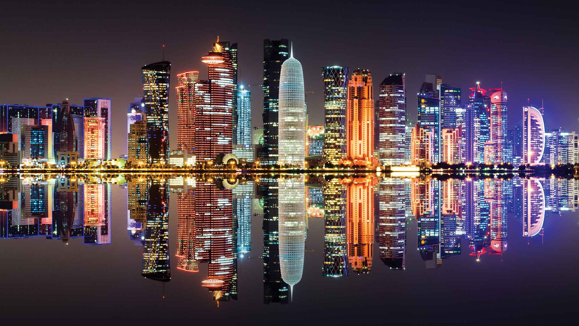 Обои ночь, огни, отражение, город, катар, доха, night, lights, reflection, the city, qatar, doha разрешение 1920x1080 Загрузить