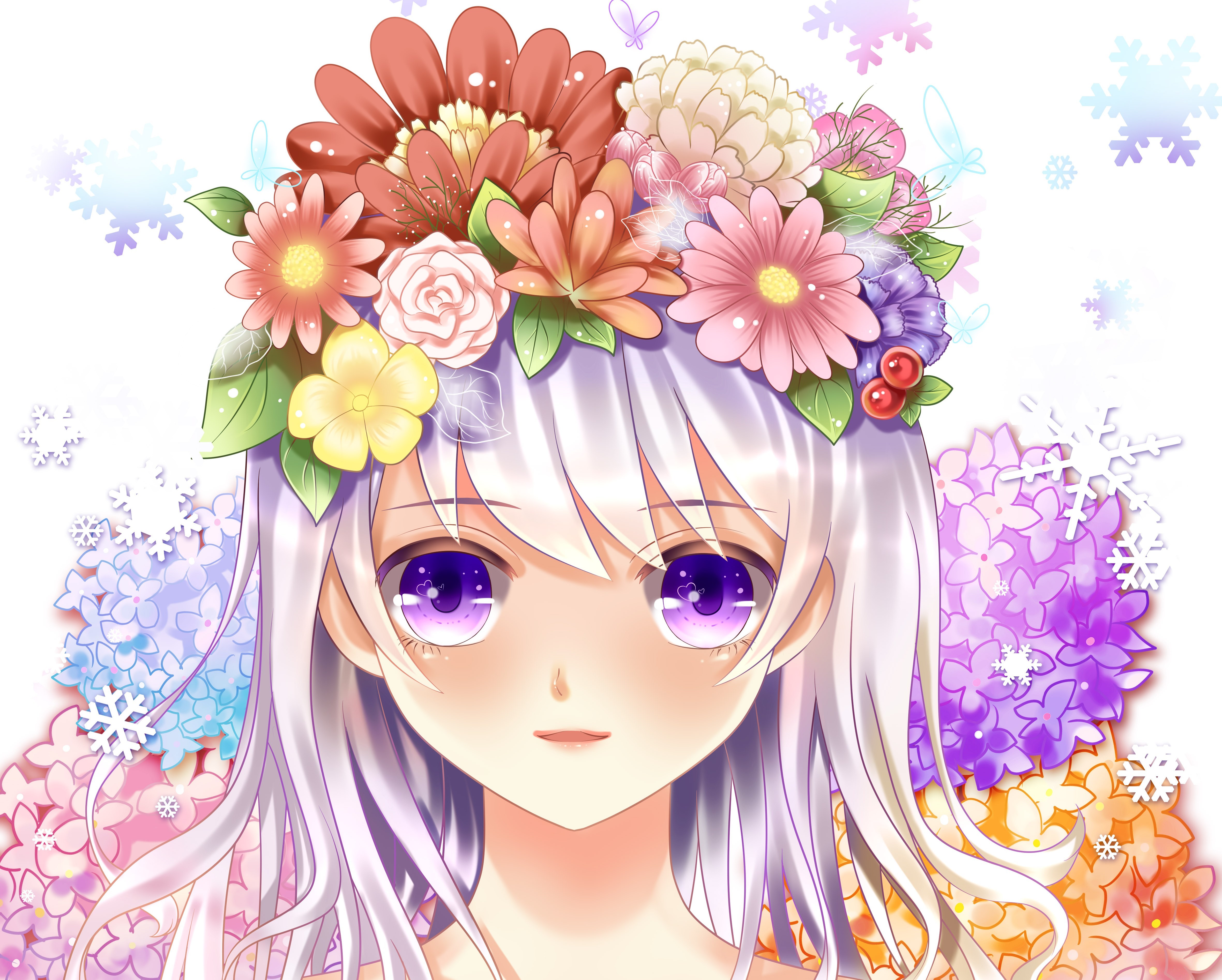 Обои глаза, цветы, девушка, розы, аниме, лицо, eyes, flowers, girl, roses, anime, face разрешение 4724x3789 Загрузить