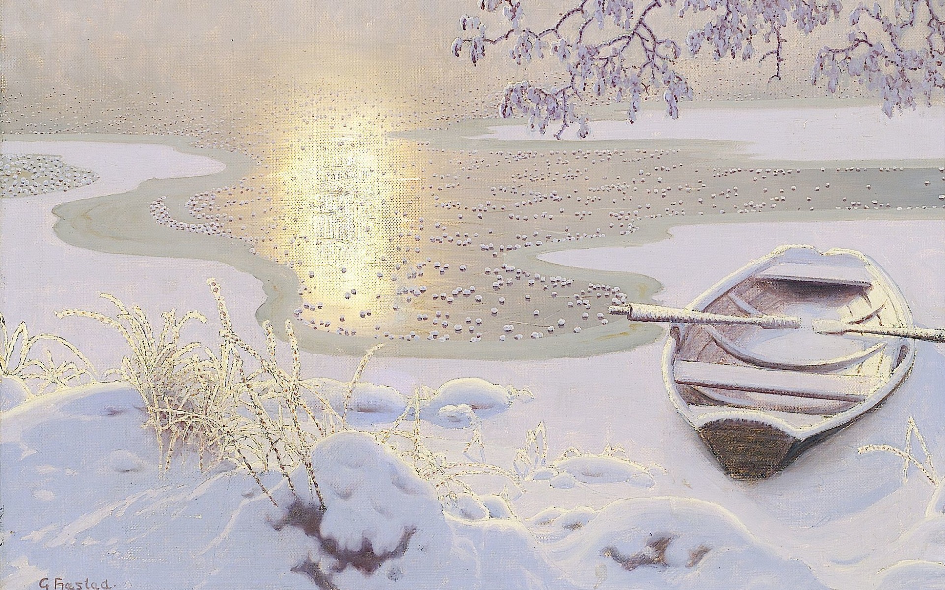 Обои арт, озеро, зима, пейзаж, лодка, gustaf fjaestad, art, lake, winter, landscape, boat разрешение 1920x1200 Загрузить