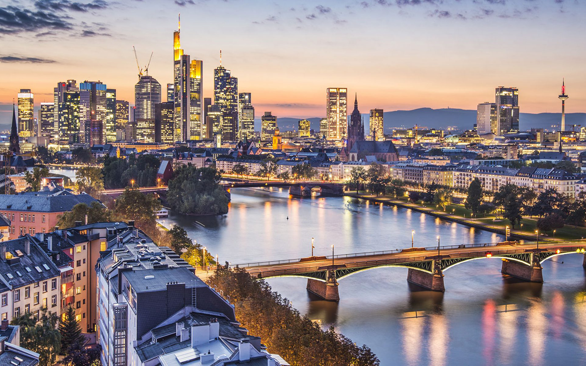 Обои огни, мост, город, германия, франкфурт-на-майне, lights, bridge, the city, germany, frankfurt am main разрешение 1920x1200 Загрузить