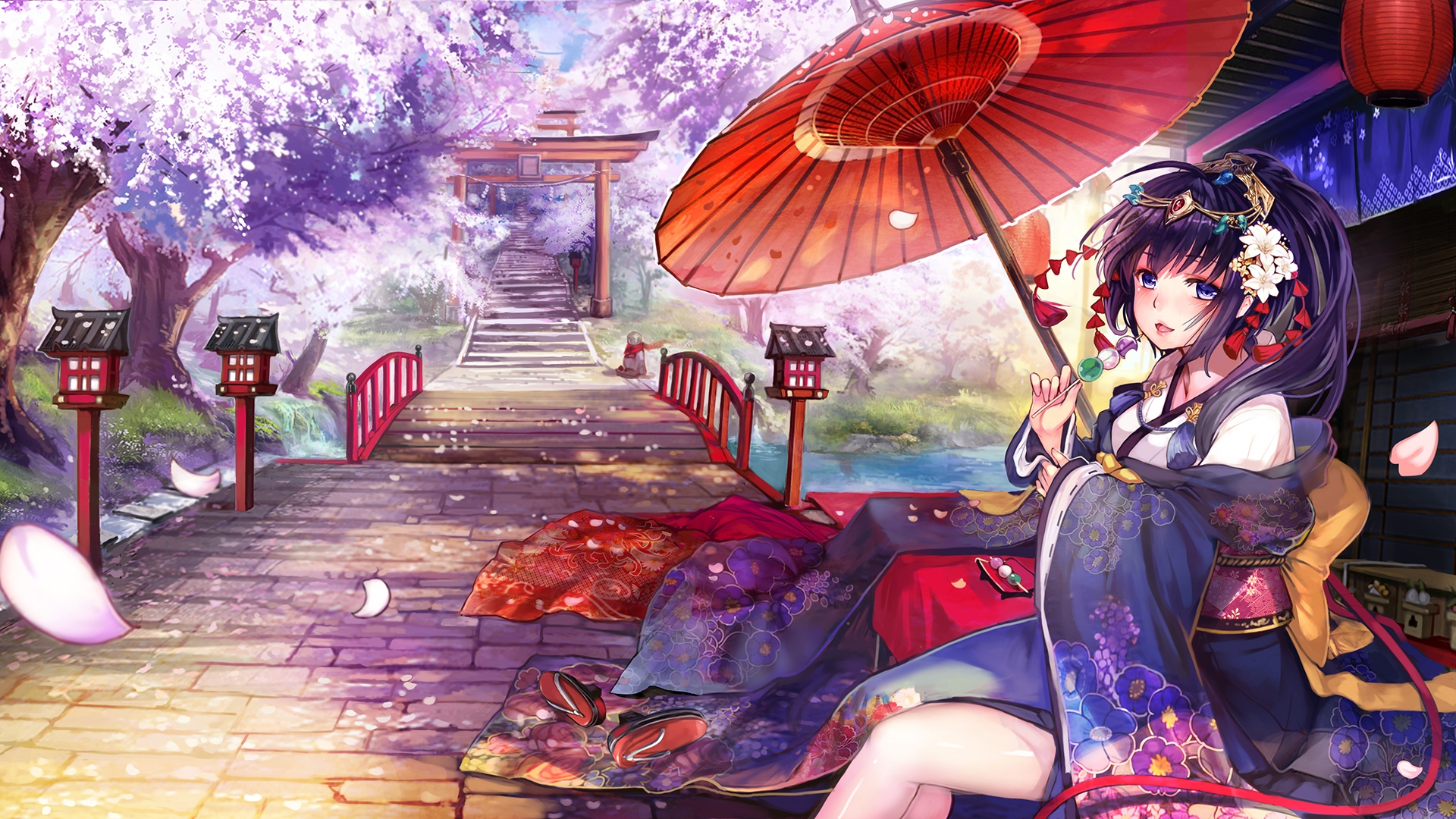 Обои japanese clothes, тории, румяна, аниме девочка, sakura blossom, shrine, torii, blush, anime girl разрешение 1920x1080 Загрузить