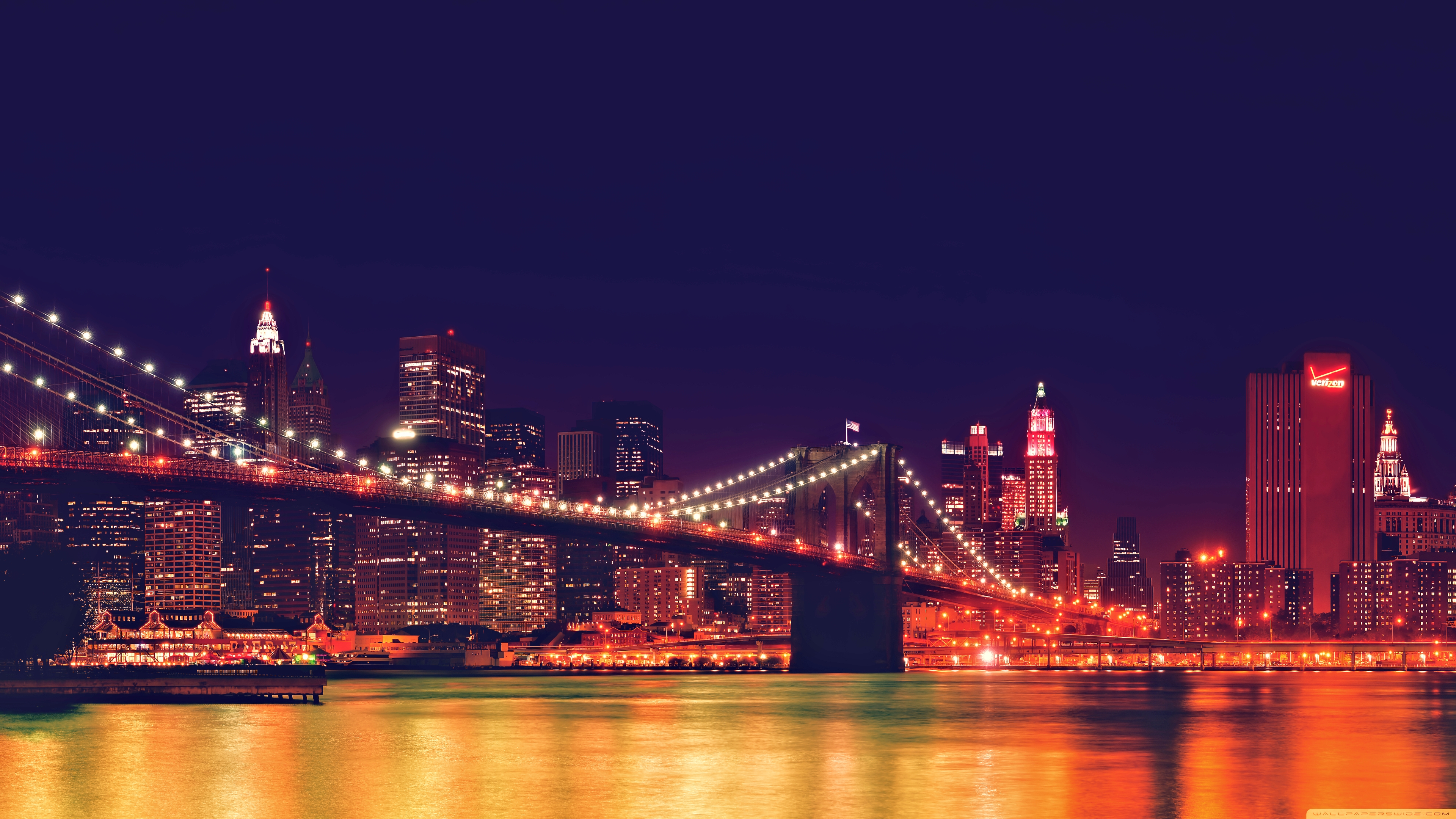 Обои свет, ночь, пейзаж, мост, город, сша, нью-йорк, бруклинский мост, light, night, landscape, bridge, the city, usa, new york, brooklyn bridge разрешение 3840x2160 Загрузить