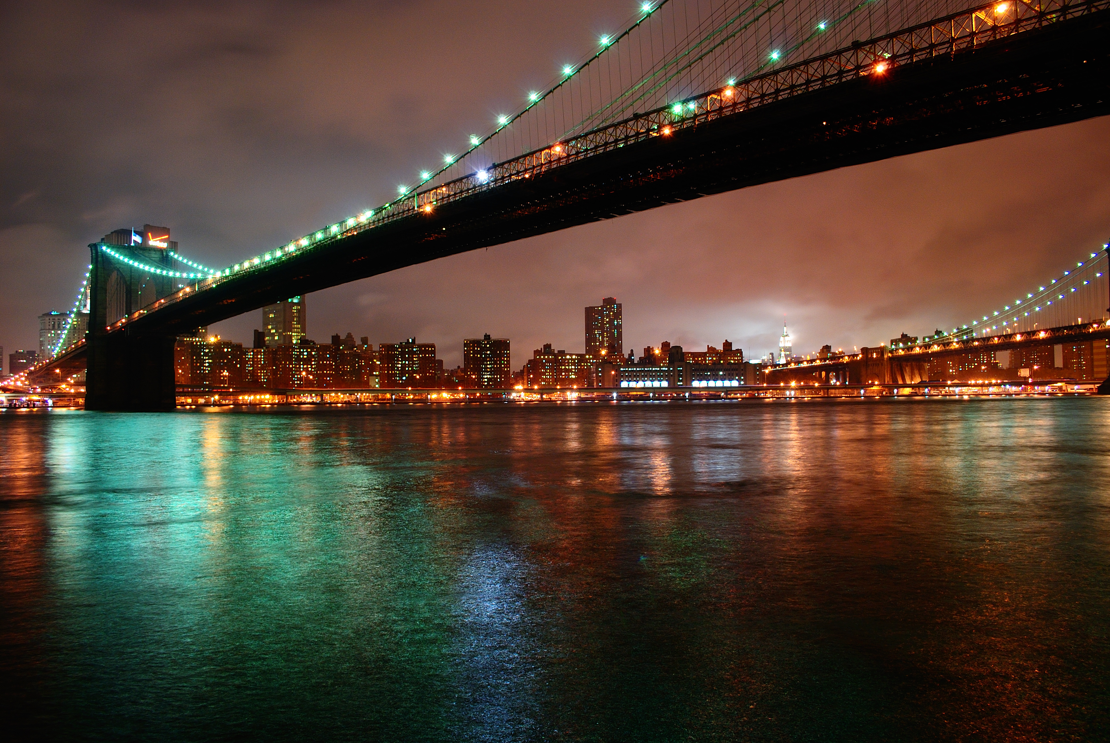 Обои ночь, огни, город, нью-йорк, бруклинский мост, night, lights, the city, new york, brooklyn bridge разрешение 3872x2592 Загрузить