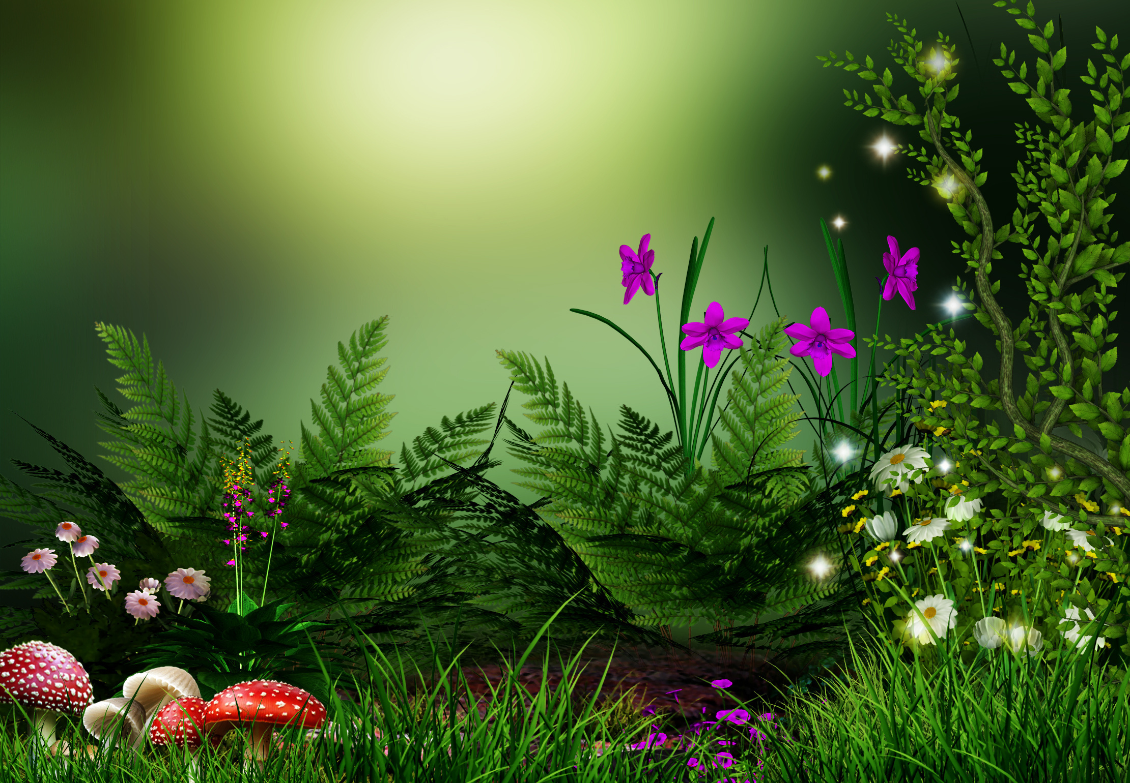 Скачать обои цветы, зеленый фон, трава, мухоморы, растения разрешение  1920x1200 #227969
