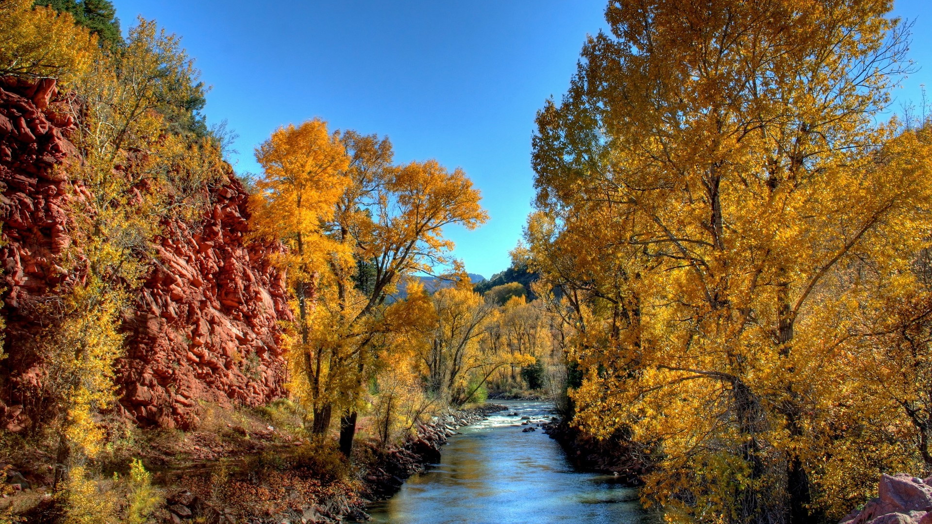 Обои небо, деревья, река, природа, осень, желтые листья, the sky, trees, river, nature, autumn, yellow leaves разрешение 1920x1080 Загрузить