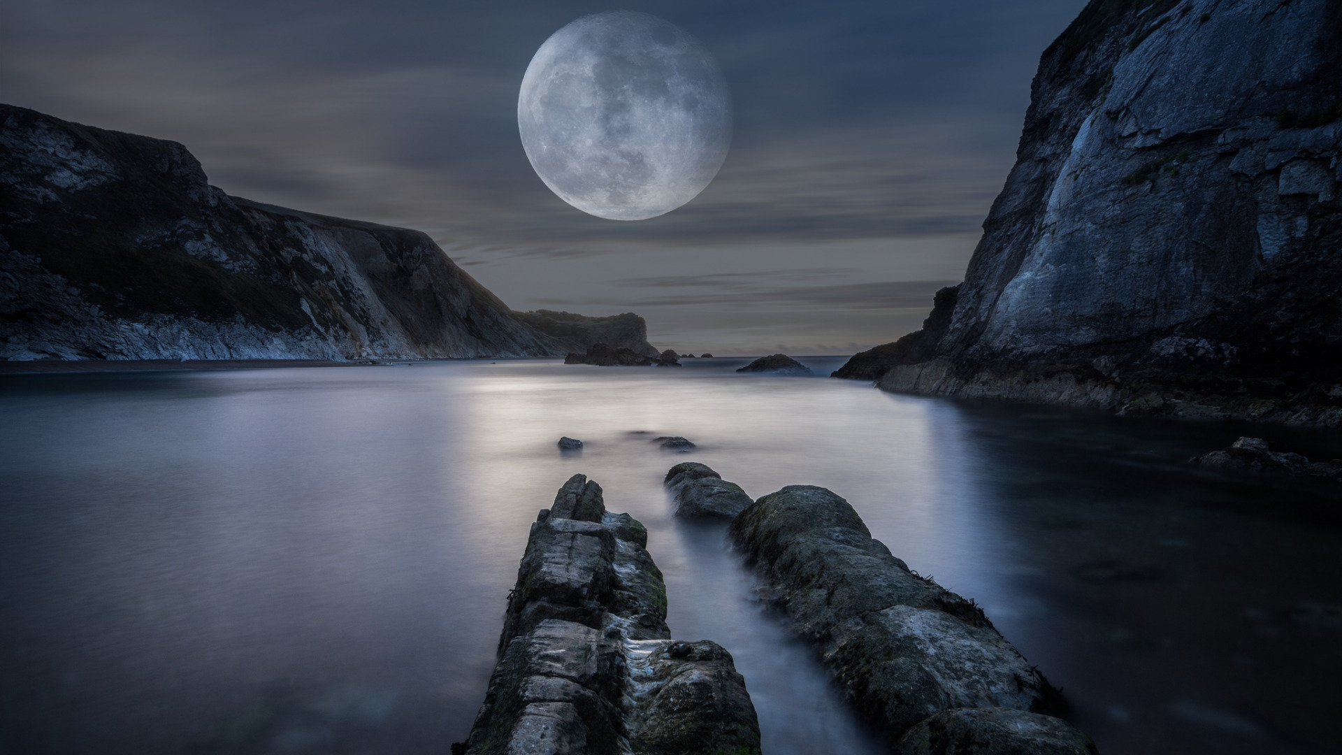 Обои вода, горы, природа, луна, залив, полнолуние, water, mountains, nature, the moon, bay, the full moon разрешение 1920x1080 Загрузить