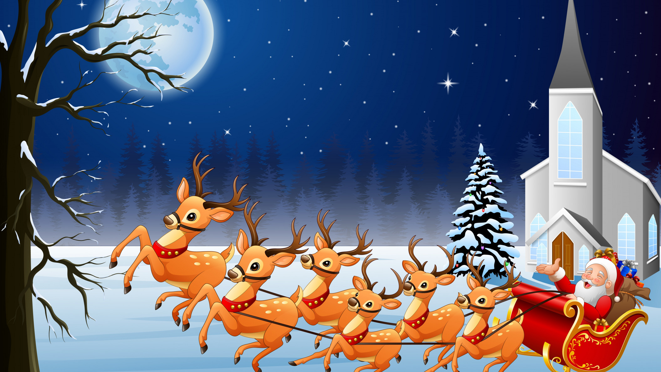 Обои санта-клаус, новый год, луна, сани, дед мороз, олени, рождество, упряжка, открытка, new year, the moon, sleigh, santa claus, deer, christmas, team, postcard разрешение 2112x1188 Загрузить