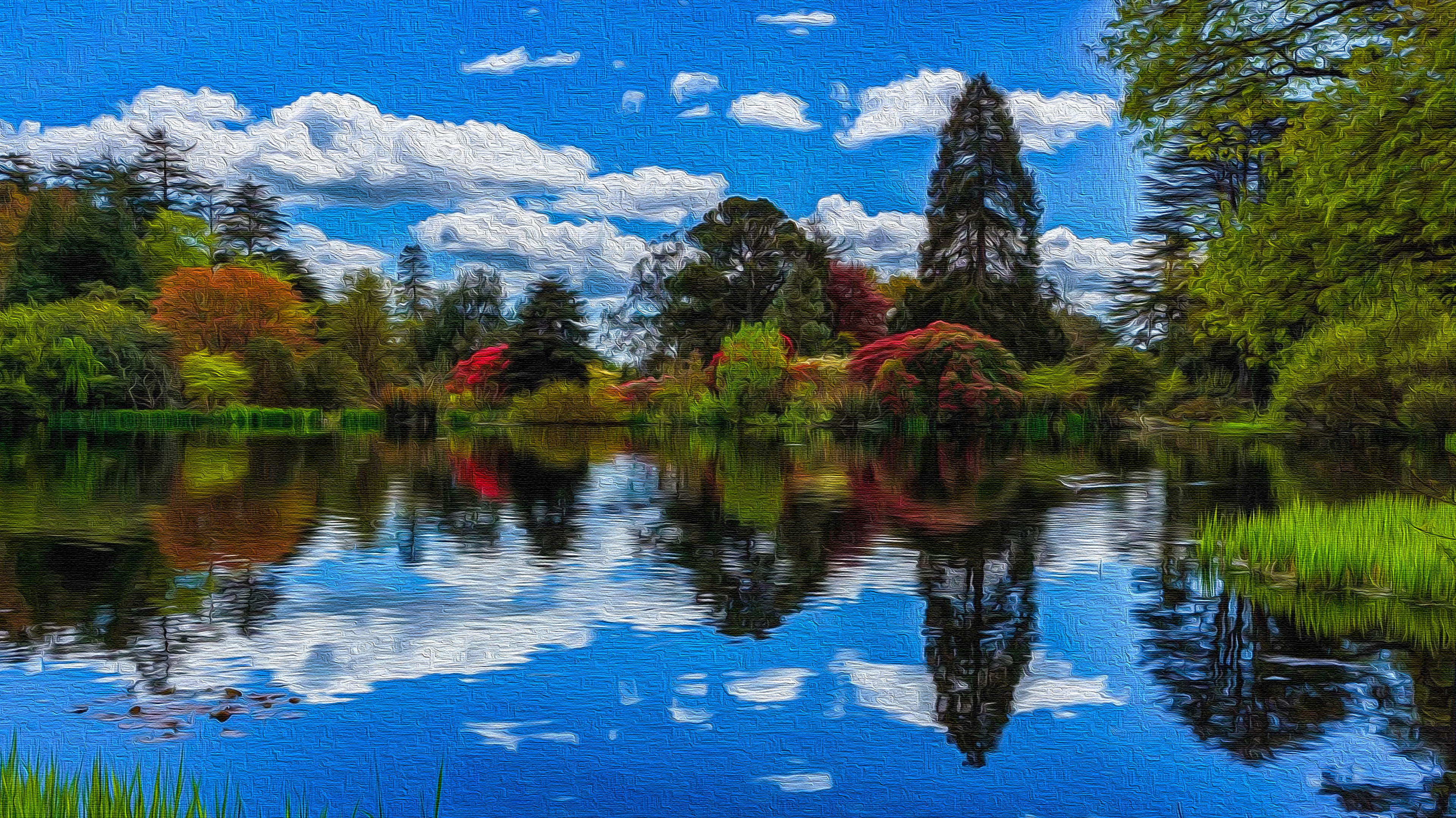 Обои небо, облака, деревья, озеро, отражение, the sky, clouds, trees, lake, reflection разрешение 3840x2160 Загрузить