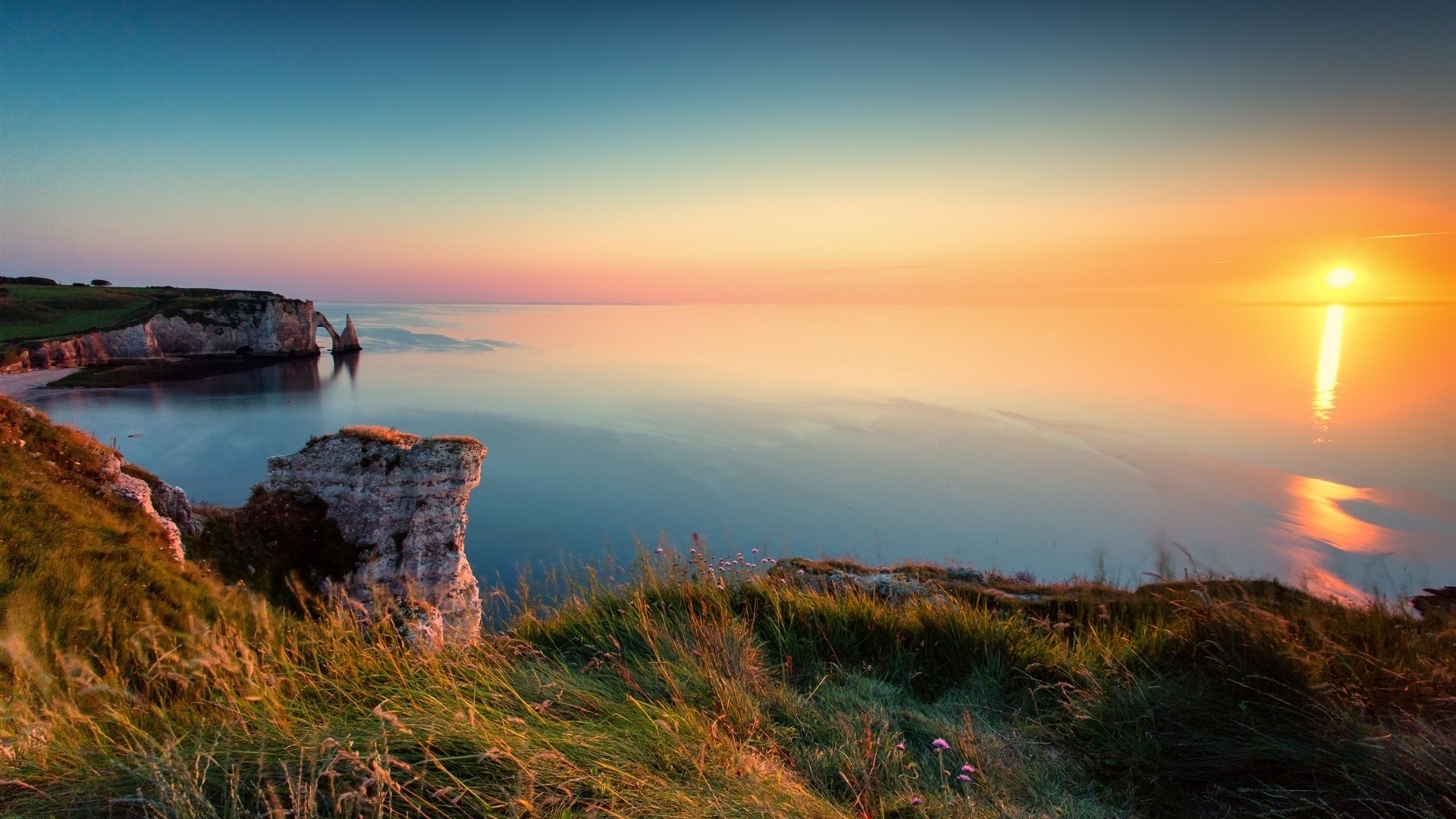 Обои скалы, закат, море, побережье, франция, каньен, этрета, rocks, sunset, sea, coast, france, canyon, étretat разрешение 1920x1080 Загрузить