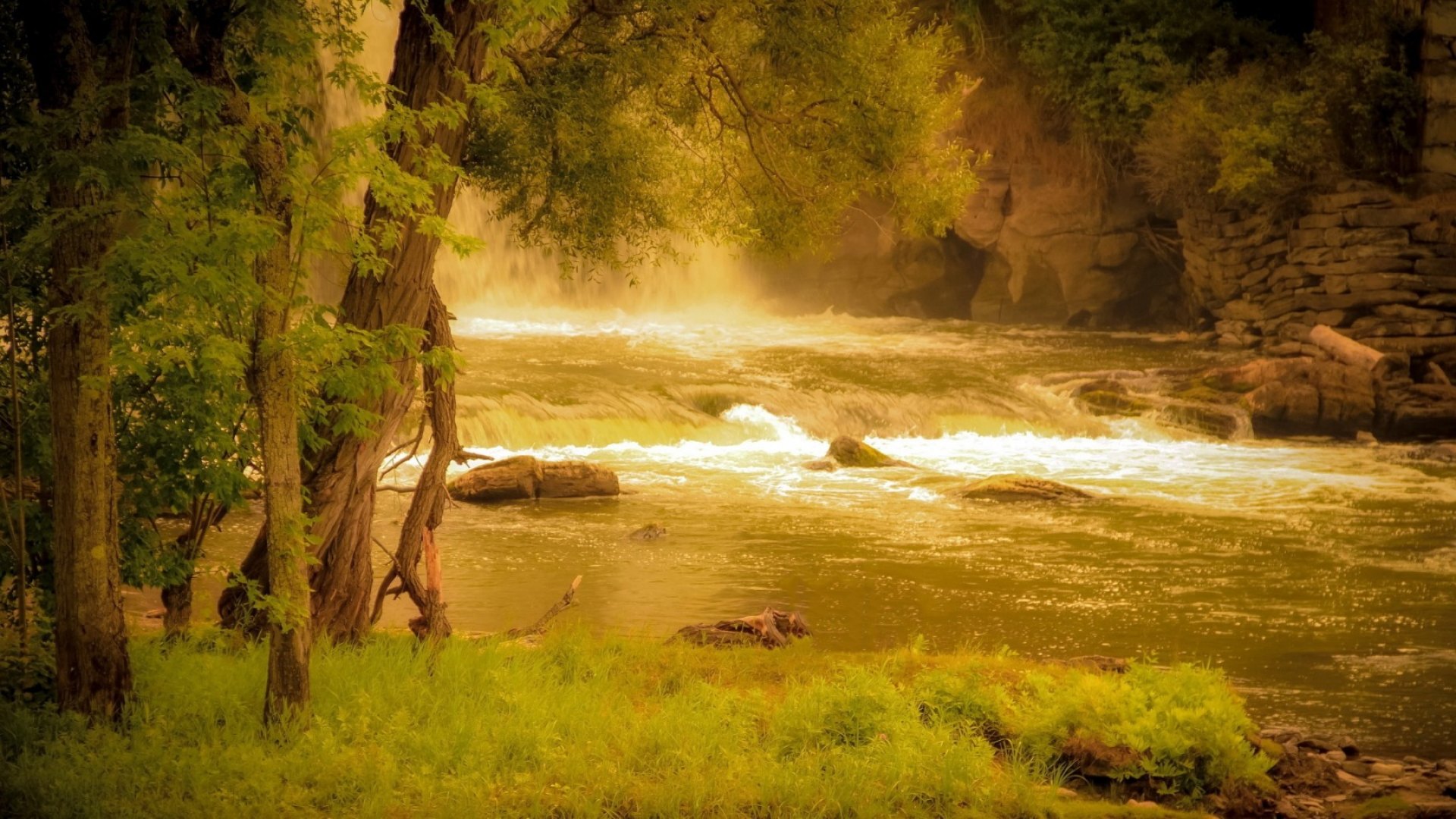 Обои трава, деревья, река, скалы, природа, берег, лес, grass, trees, river, rocks, nature, shore, forest разрешение 1920x1080 Загрузить