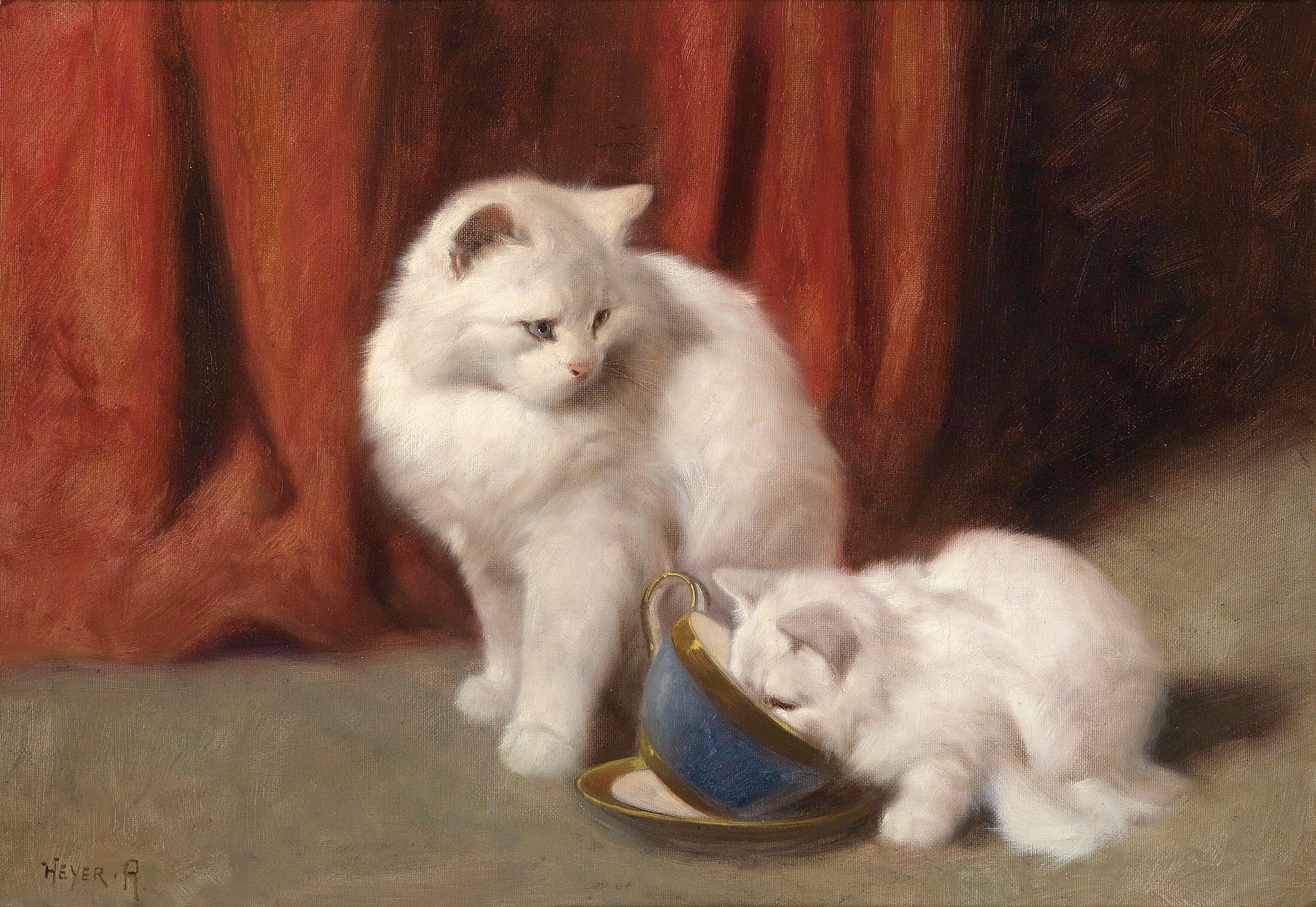 Белая кошка и две бабочки Артур Хейер 1872-1931