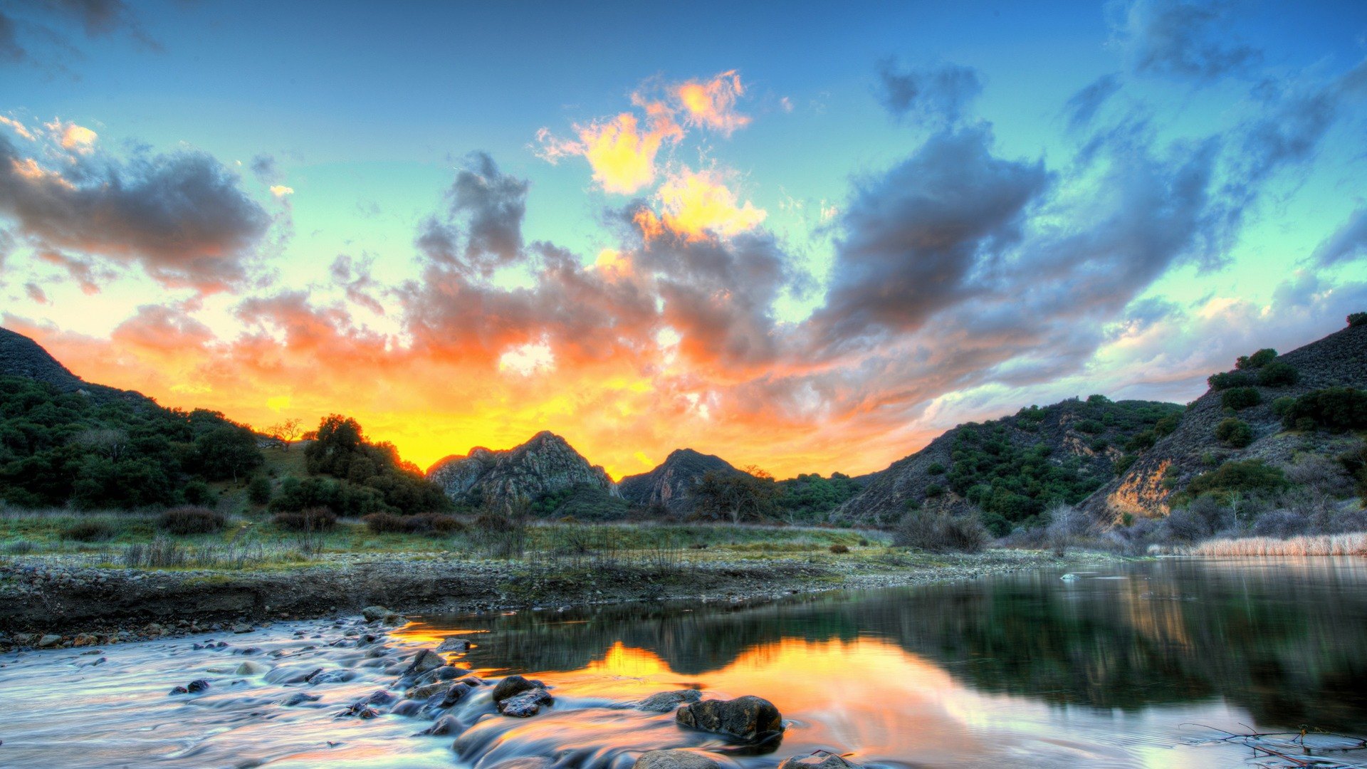 Обои небо, облака, река, природа, пейзаж, сша, калифорния, малибу, the sky, clouds, river, nature, landscape, usa, ca, malibu разрешение 1920x1080 Загрузить