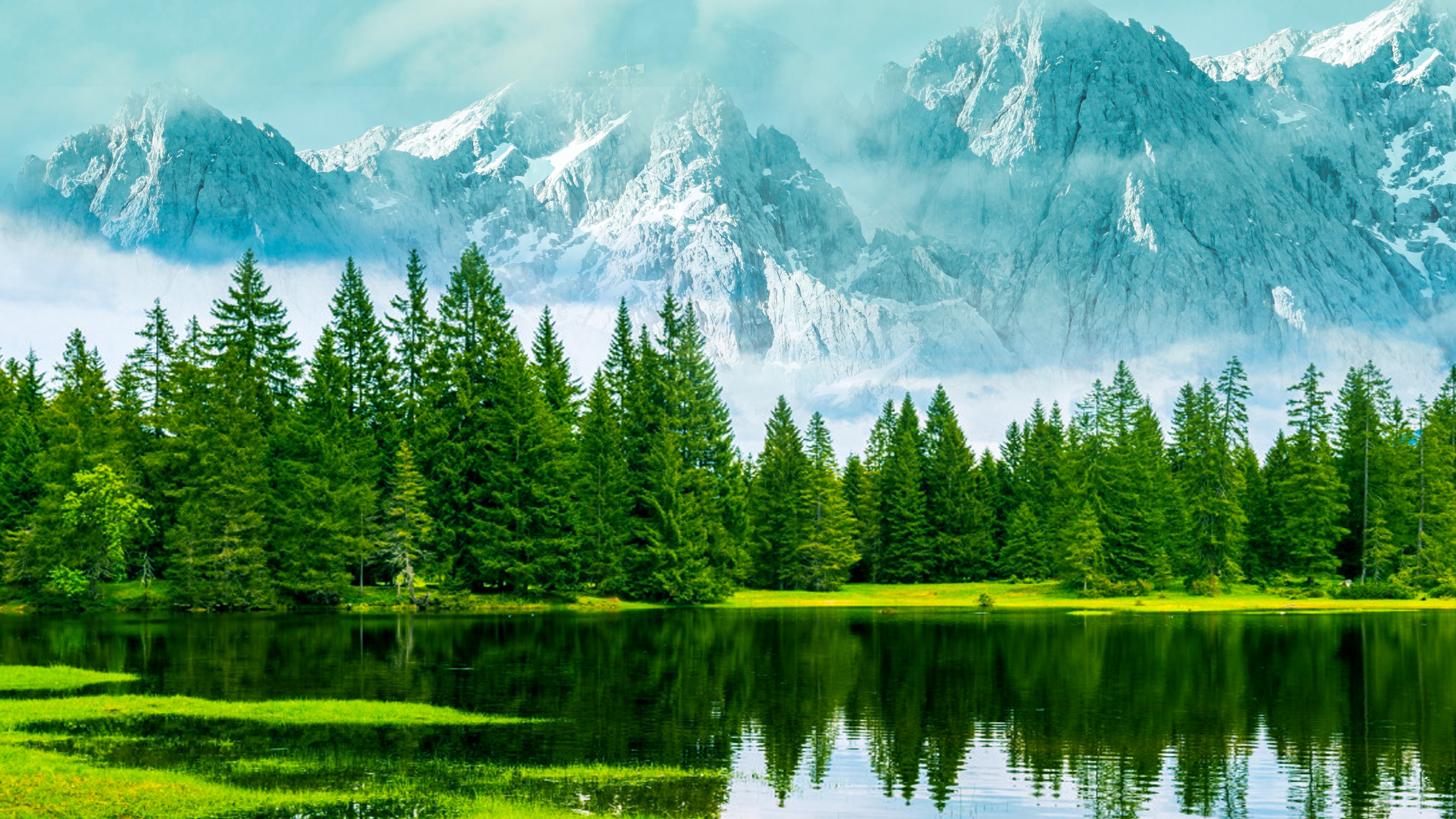 Загрузить обои деревья, озеро, горы, природа, лес, туман, trees, lake, moun...
