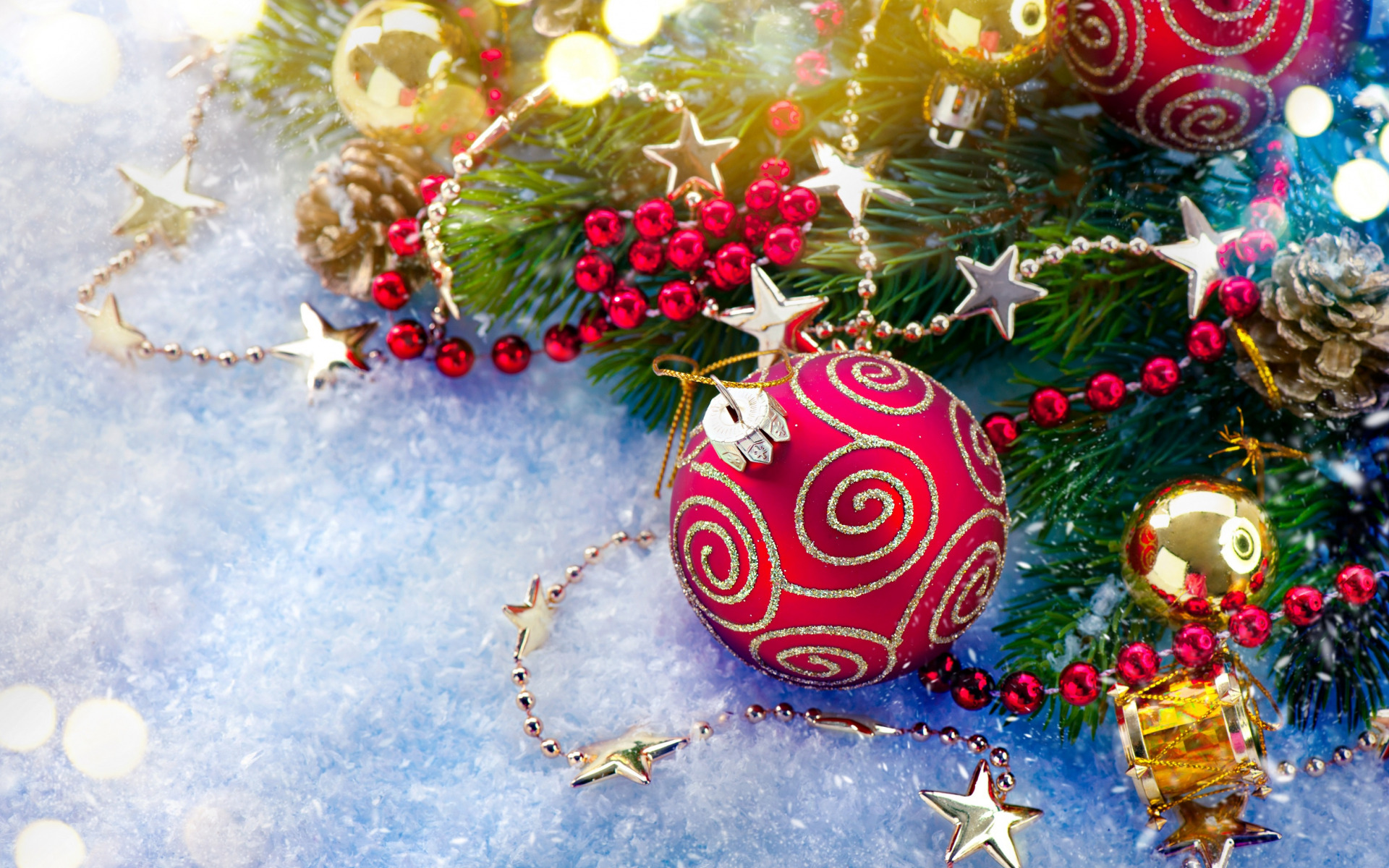Обои новый год, шар, игрушки, бусы, праздник, рождество, новогодние украшения, new year, ball, toys, beads, holiday, christmas, christmas decorations разрешение 1920x1200 Загрузить