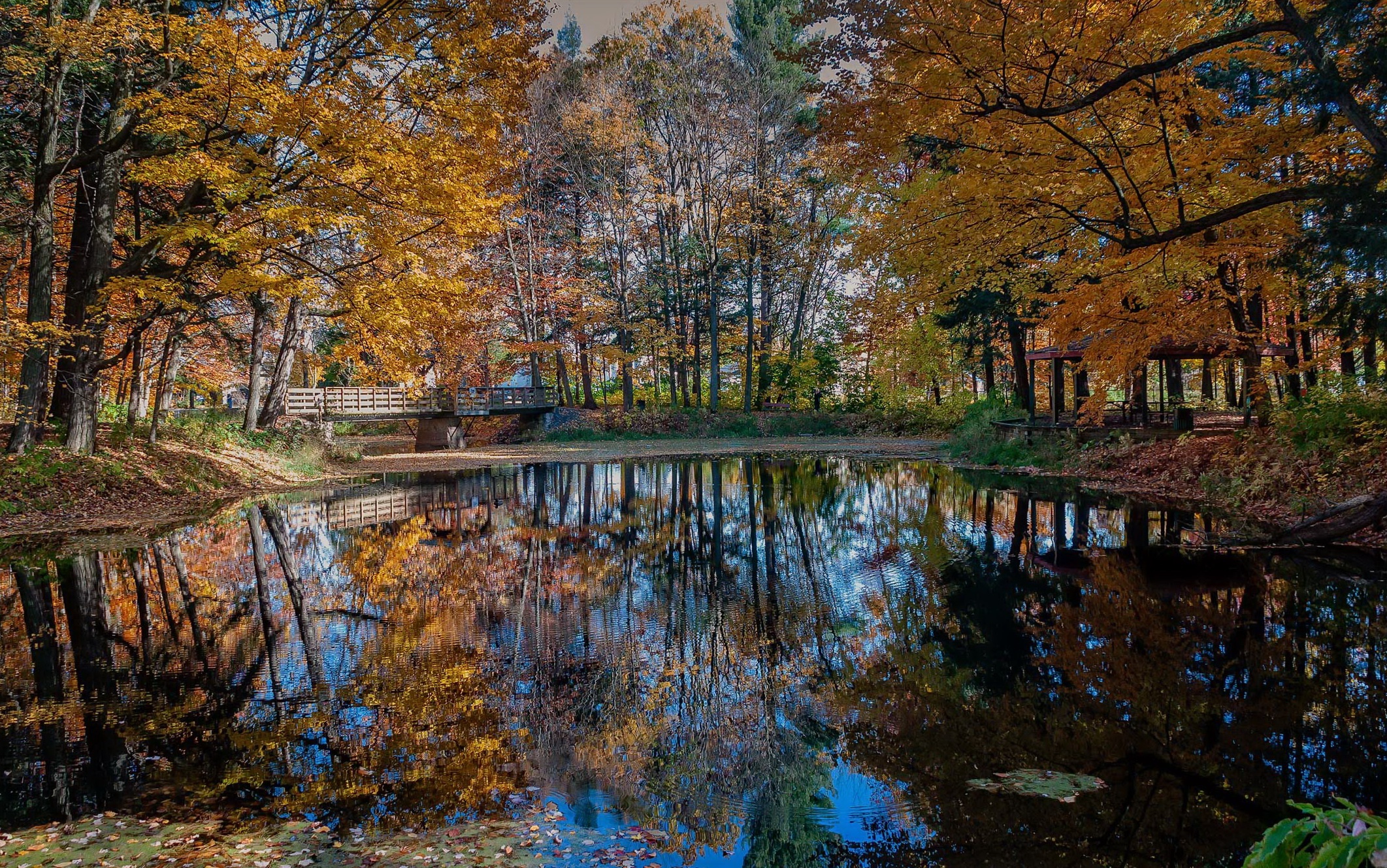 Обои деревья, природа, отражение, парк, мост, осень, trees, nature, reflection, park, bridge, autumn разрешение 2123x1329 Загрузить