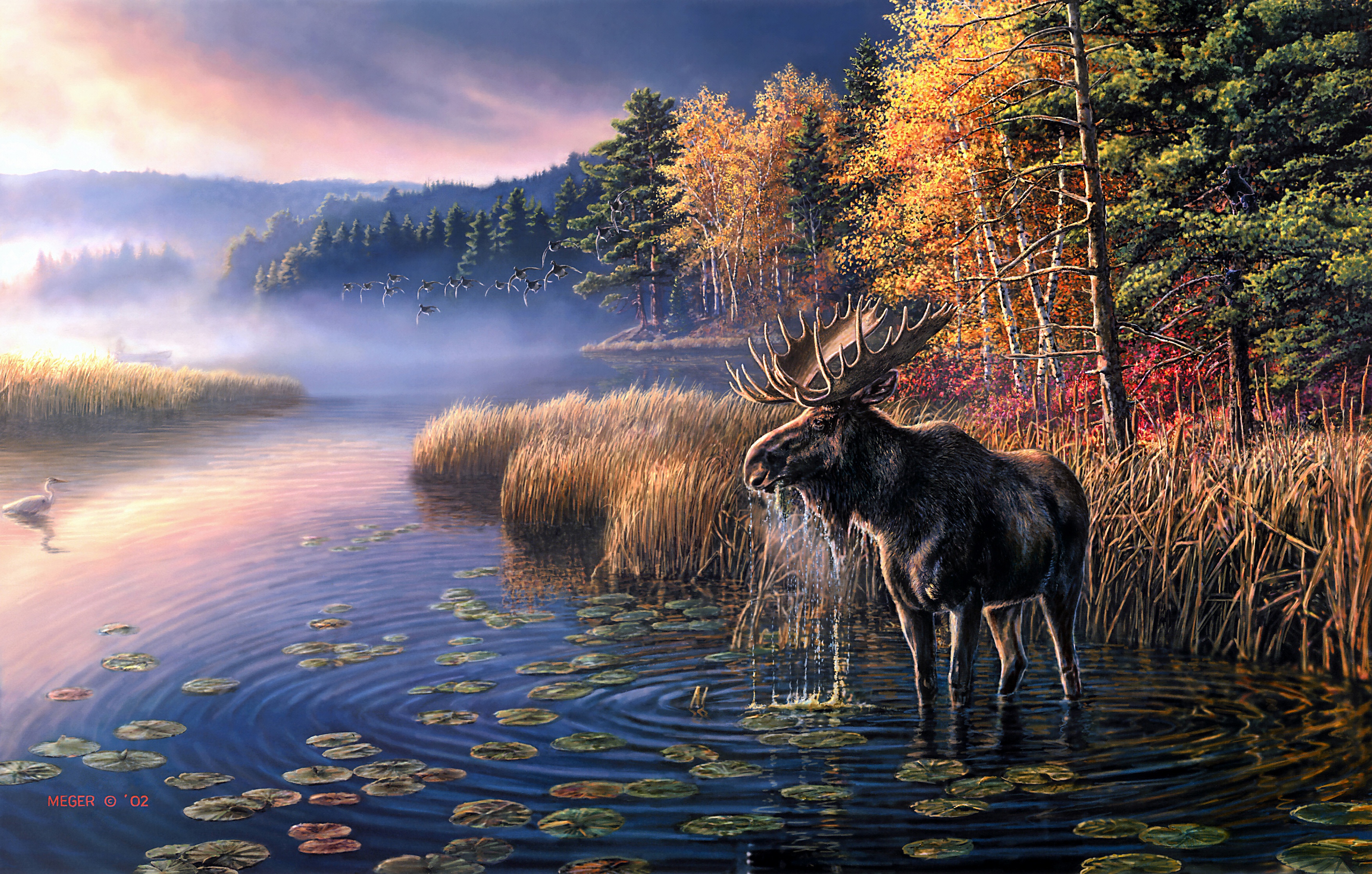 Обои арт, озеро, туман, рассвет, осень, птицы, цапля, лось, art, lake, fog, dawn, autumn, birds, heron, moose разрешение 3510x2237 Загрузить