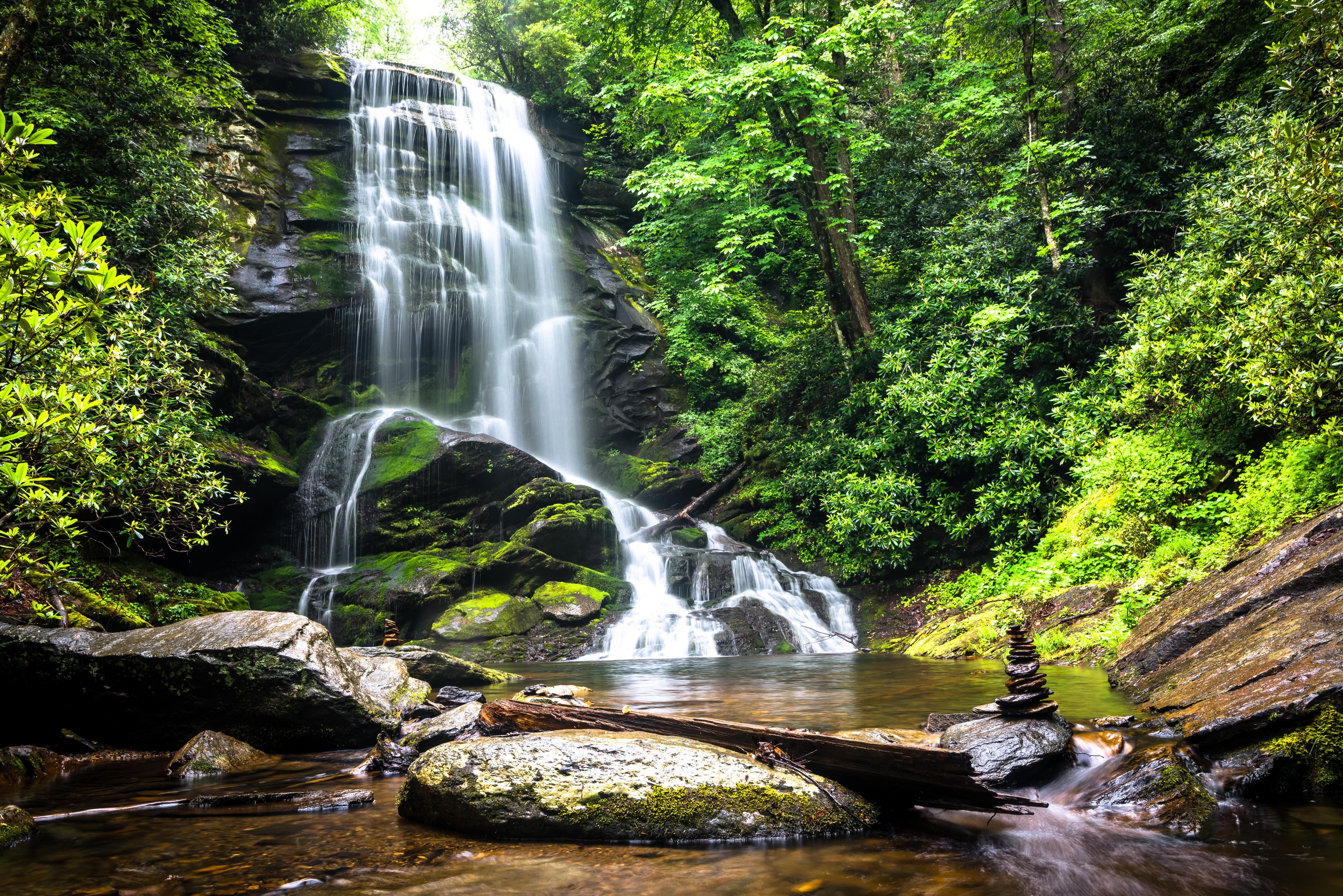 Обои деревья, вода, природа, камни, лес, водопад, trees, water, nature, stones, forest, waterfall разрешение 5120x3417 Загрузить