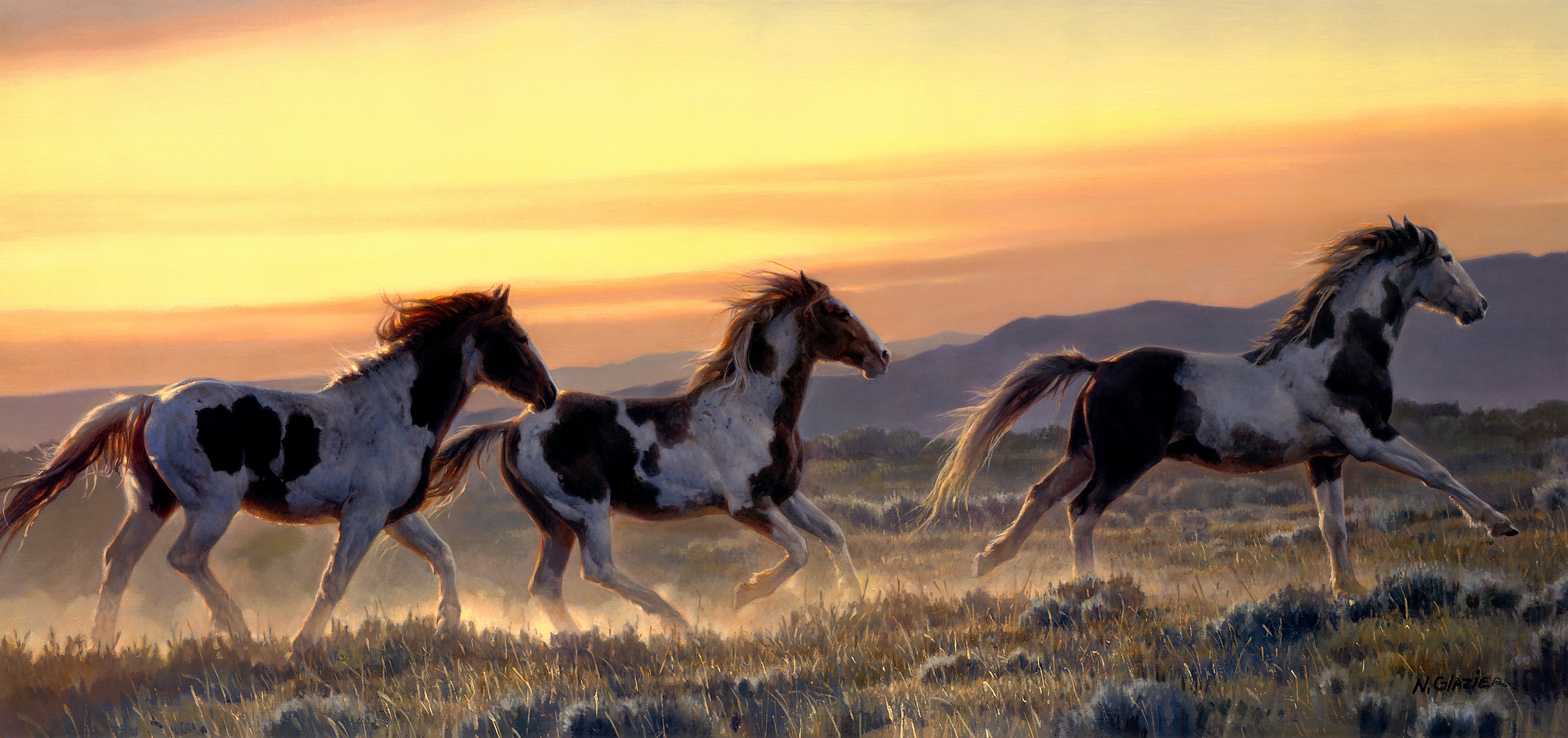 Обои небо, nancy glazier, арт, горы, поле, рассвет, лошади, кони, бег, the sky, art, mountains, field, dawn, horse, horses, running разрешение 4724x2224 Загрузить