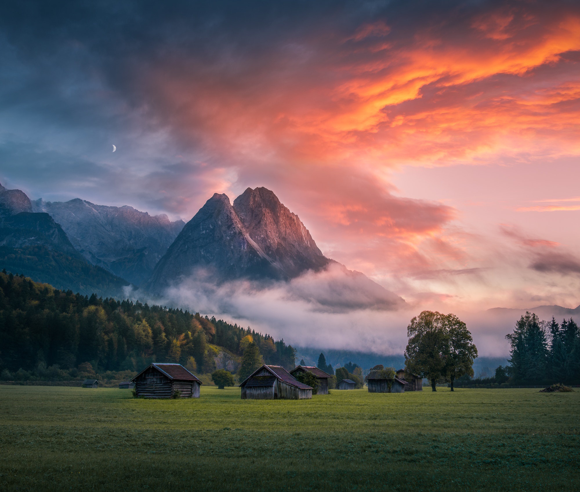 Обои небо, свет, облака, вечер, горы, природа, утро, сараи, the sky, light, clouds, the evening, mountains, nature, morning разрешение 2000x1696 Загрузить