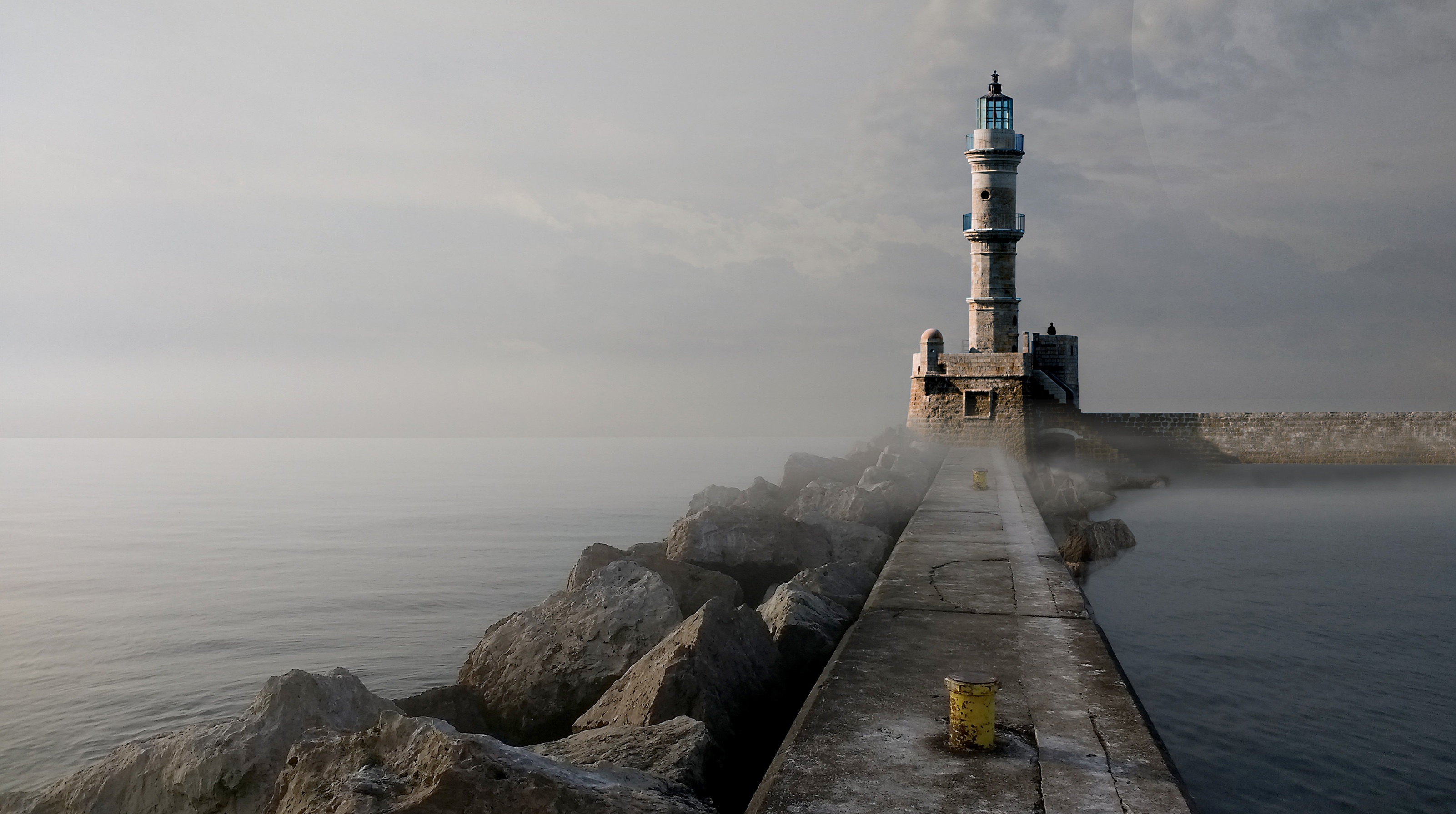 Обои камни, море, туман, маяк, пирс, гавань, stones, sea, fog, lighthouse, pierce, harbour разрешение 3202x1792 Загрузить